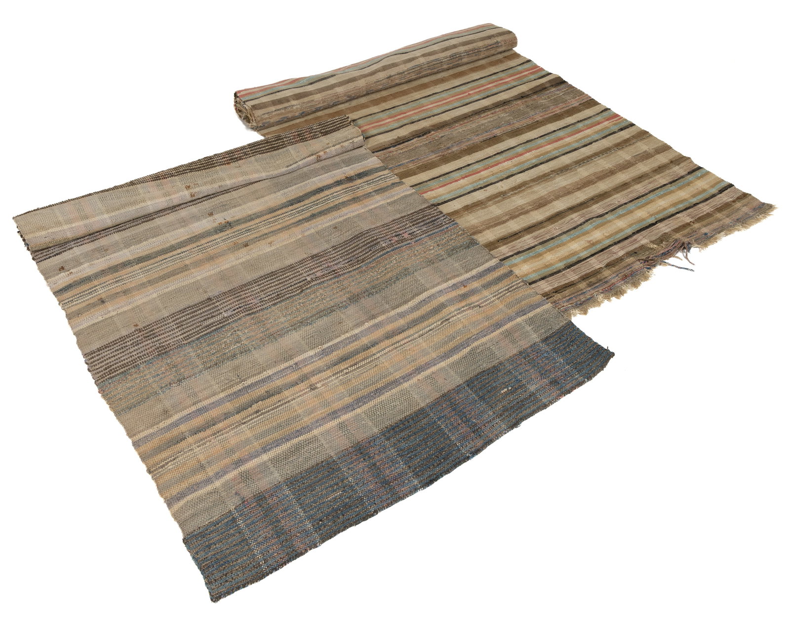SHENANDOAH VALLEY OF VIRGINIA WOVEN RAG RUNNERS, LOT OF TWO: SHENANDOAH VALLEY OF VIRGINIA WOVEN RAG RUNNERS, LOT OF TWO, each having a polychrome-striped pattern. Late 19th/first half 20th century. Shorter 37 1/2" x 71 1/4"; longer 38 3/4" x 130