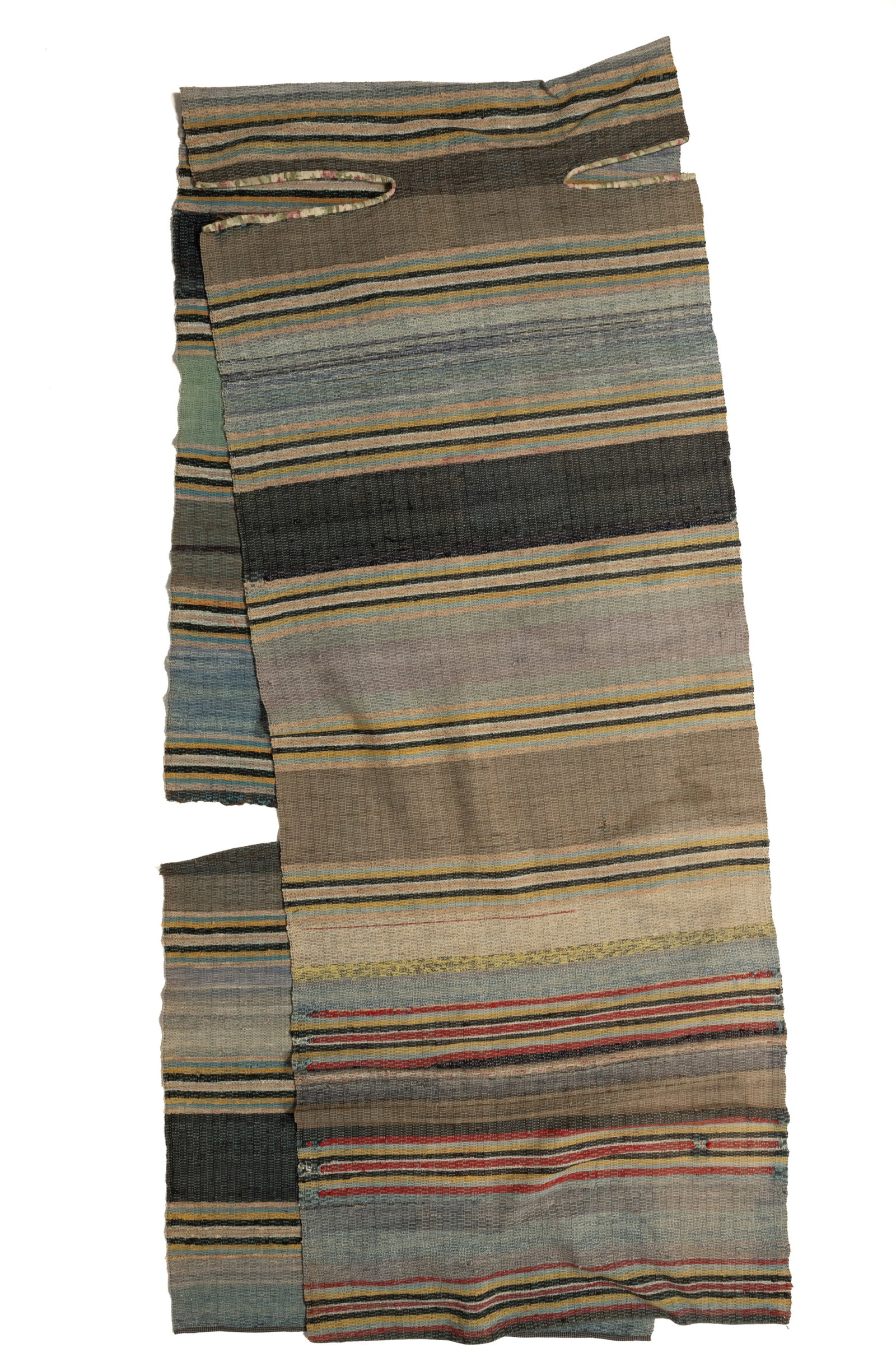 SHENANDOAH VALLEY OF VIRGINIA WOVEN RAG RUNNER: SHENANDOAH VALLEY OF VIRGINIA WOVEN RAG RUNNER, having polychrome striped pattern, featuring four areas along side edges that had been previously cut with binding to one side, one end edge with bindin