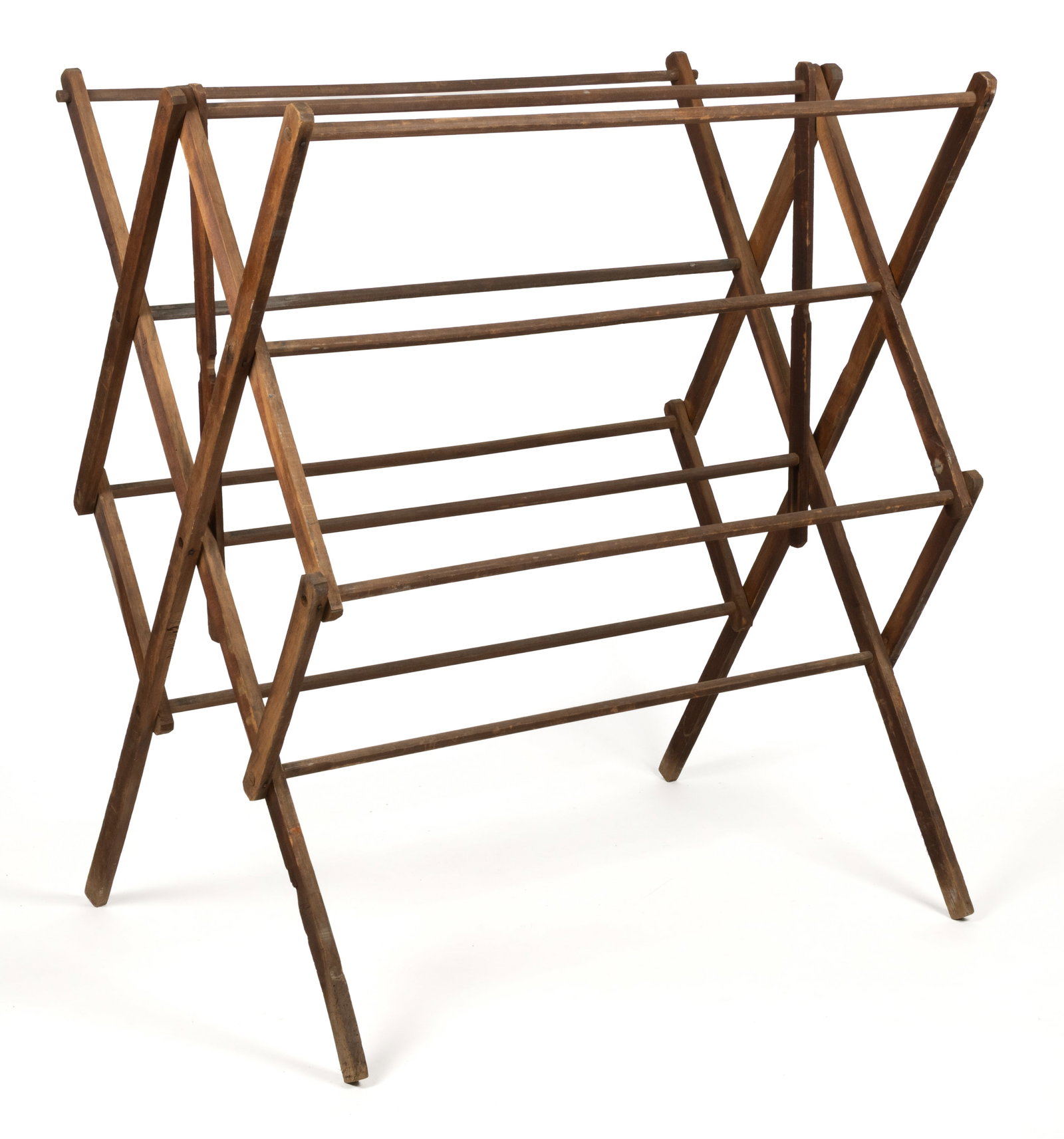 AMERICAN POPLAR LARGE FOLDING DRYING RACK: AMERICAN POPLAR LARGE FOLDING DRYING RACK, featuring ten horizontal rails joining folding structural members at each end. Retains the original dry, darkened surface. 19th century. 53 1/2" x 40 1/