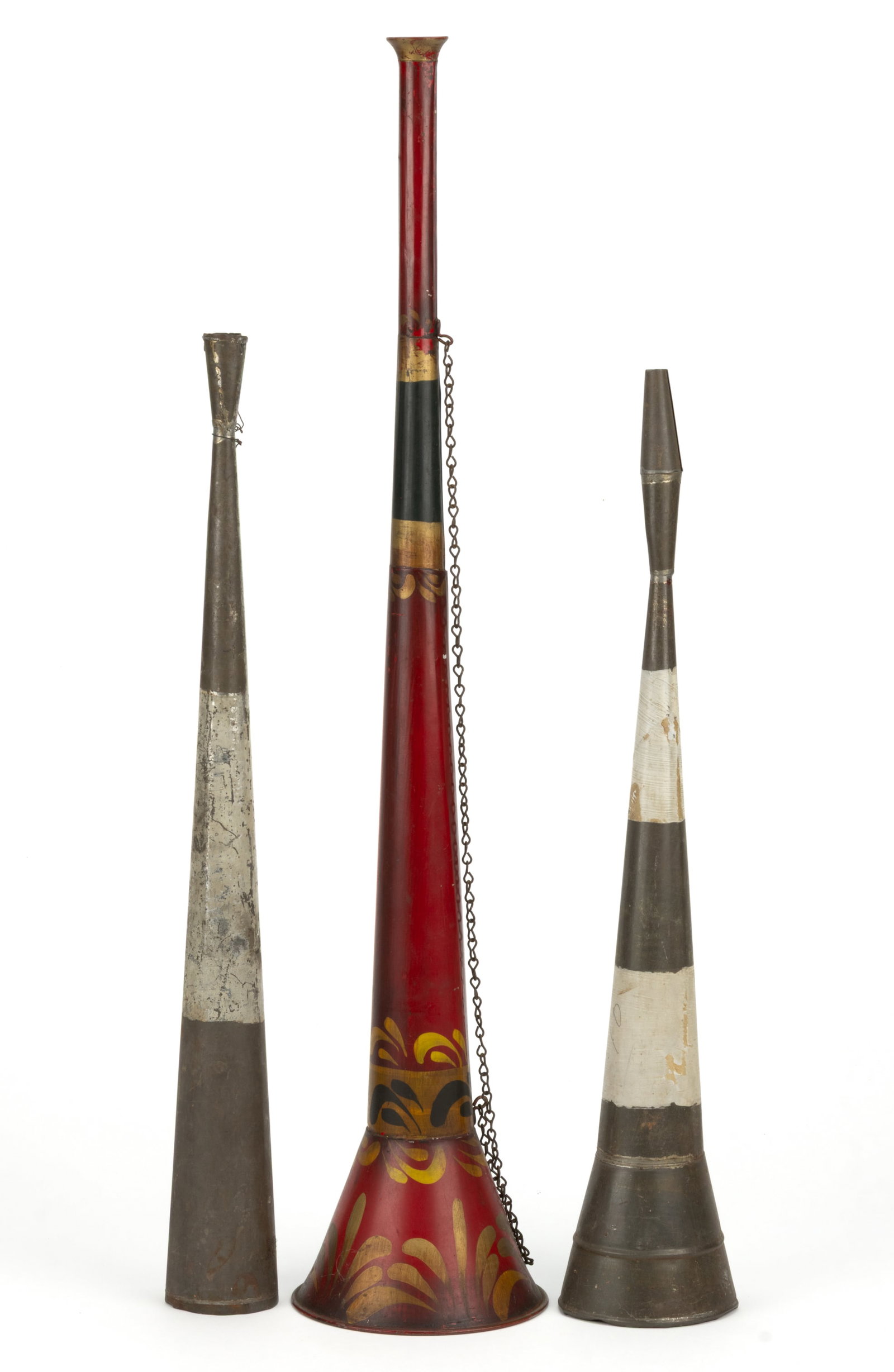 AMERICAN PAINT-DECORATED SHEET-IRON / TIN PARADE HORNS, LOT OF THREE (1 of 1)