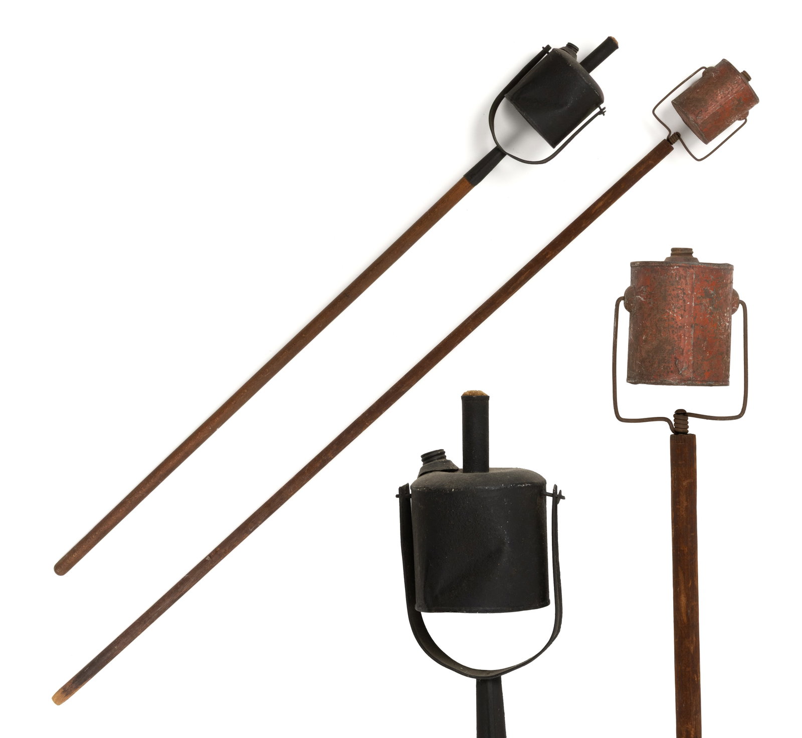 AMERICAN SHEET-IRON PARADE LANTERNS, LOT OF TWO: AMERICAN SHEET-IRON PARADE LANTERNS, LOT OF TWO, each of similar form with a gimbaled font supported by a long wooden shaft. Late 19th/early 20th century. Longest 60" LOA.
