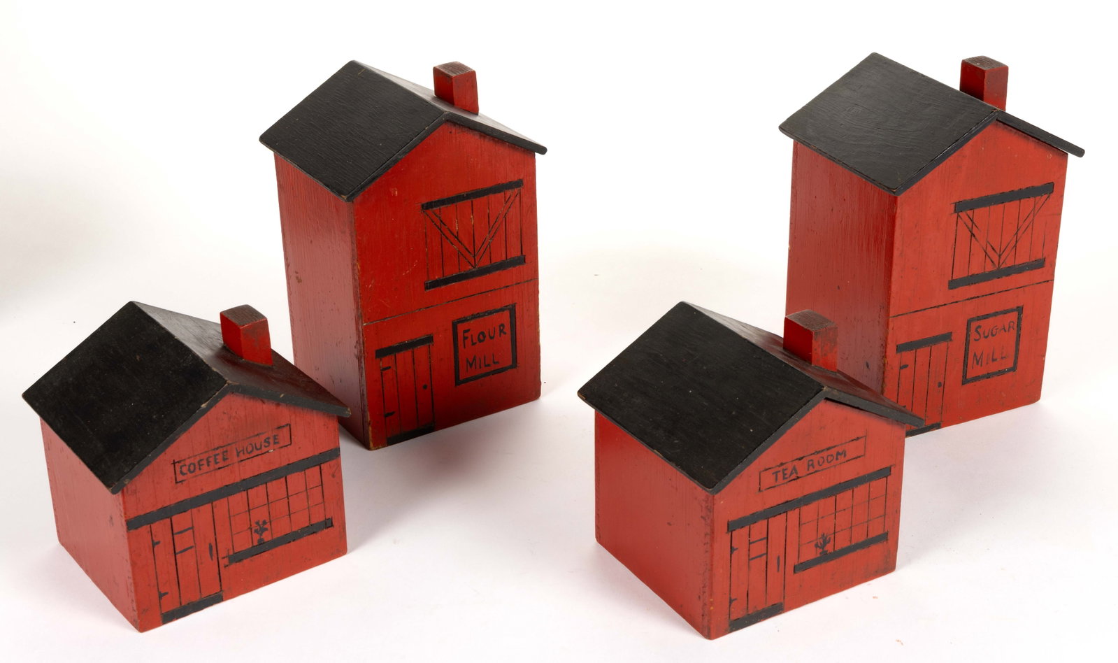 AMERICAN FOLK ART BUILDING-FORM PAINTED WOODEN KITCHEN CANISTERS, SET OF FOUR (1 of 3)