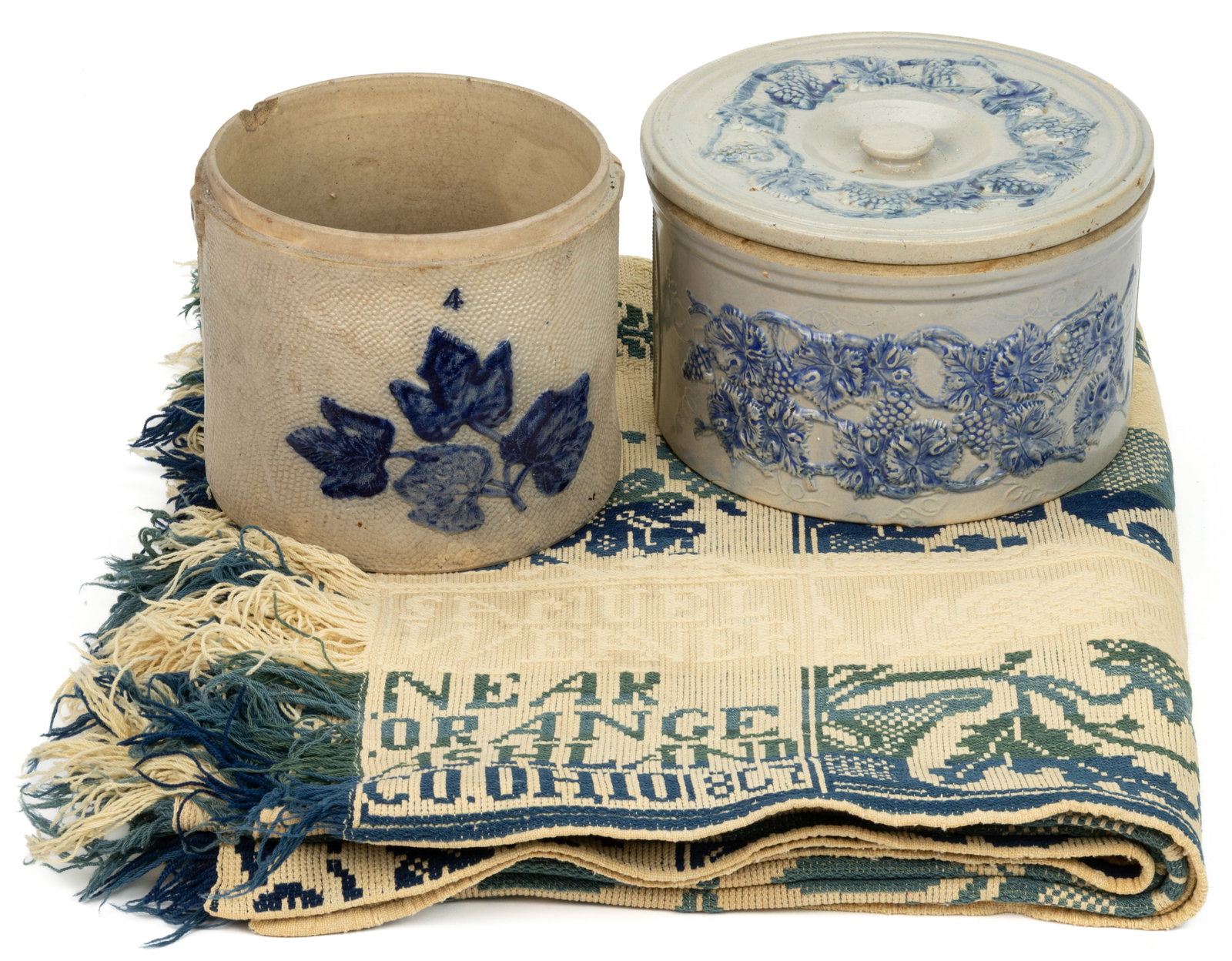OHIO AND OTHER COUNTRY ACCESSORIES, LOT OF THREE: OHIO AND OTHER COUNTRY ACCESSORIES, LOT OF THREE, comprising an Ashland Co., Ohio jacquard coverlet, and two blue and white salt-glazed stoneware tubs, one with original cover marked for the Robinson
