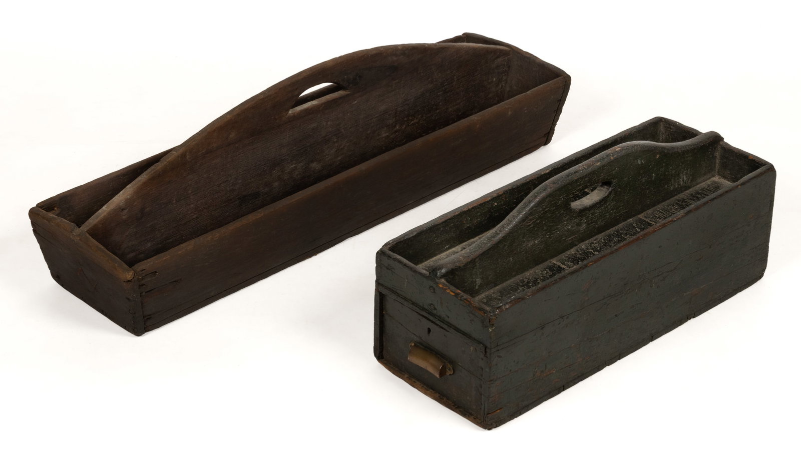 AMERICAN COUNTRY PAINTED TOOL CADDY / BOXES, LOT OF TWO: AMERICAN COUNTRY PAINTED TOOL CADDY / BOXES, LOT OF TWO, comprising one black painted example with a bottom drawer with a handle and top with two compartments with cut-out handle, and one long