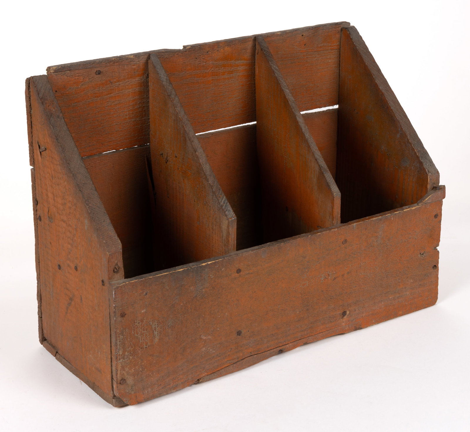 AMERICAN PAINTED DIVIDED BOX: AMERICAN PAINTED DIVIDED BOX, nailed construction, made from reused crates, rectangular form with a slanted profile having three compartments. Retains an old painted surface. First half 20th cent