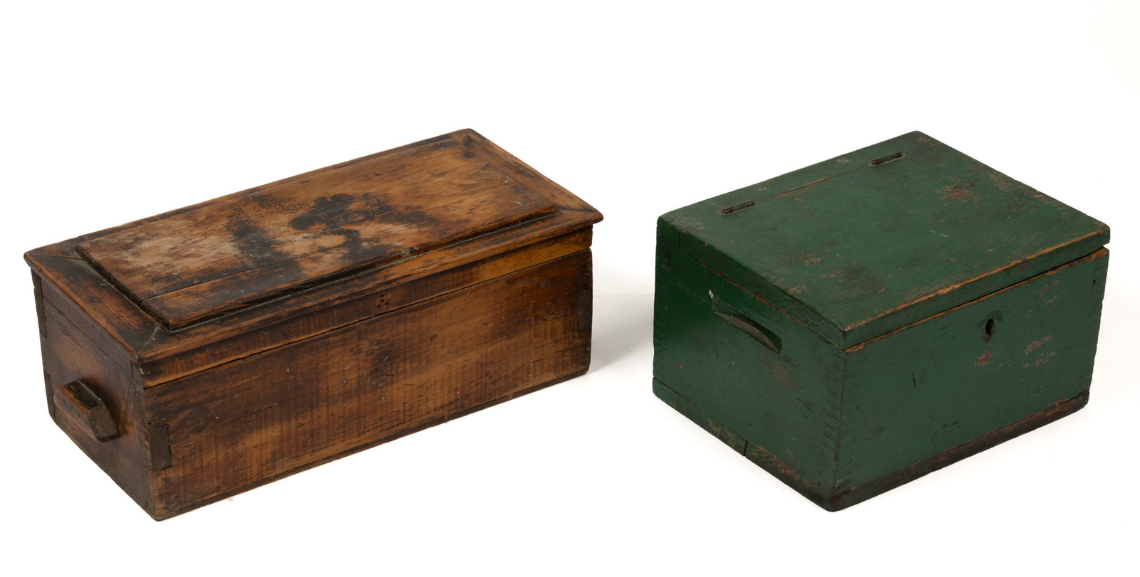 AMERICAN COUNTRY PAINTED WOODEN BOX: AMERICAN COUNTRY PAINTED WOODEN BOX, machine dovetailed, with hinged lid and fitted interior, retaining an old green-painted surface over earlier red. Together with a small pine toolbox of dovetailed