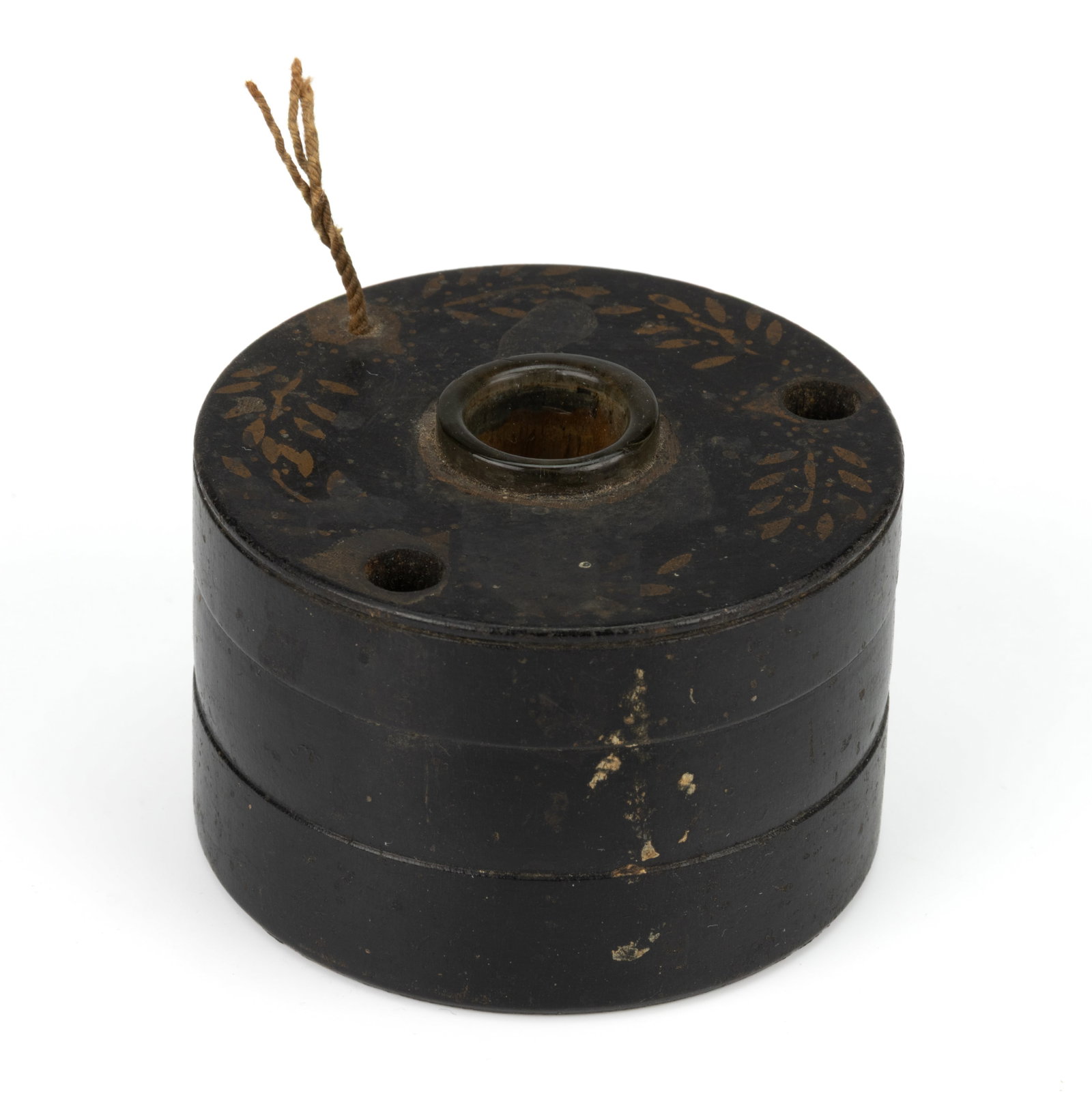 S. SILLIMAN & CO., CHESTER, CONNECTICUT GILT / DECORATED TURNED TREEN INKWELL: S. SILLIMAN & CO., CHESTER, CONNECTICUT GILT / DECORATED TURNED TREEN INKWELL, of squat cylindrical form with a turned band on the side, the top decorated with gilt sprig decorations and mounted w