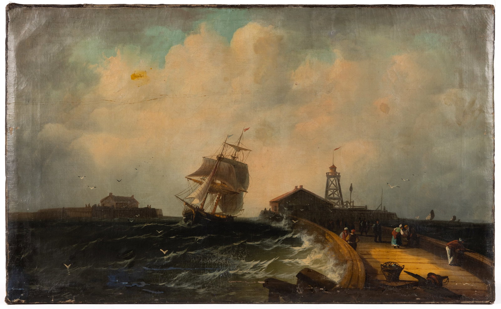 AMERICAN OR BRITISH SCHOOL (19TH CENTURY) SHIP / HARBOR PAINTING: AMERICAN OR BRITISH SCHOOL (19TH CENTURY) SHIP / HARBOR PAINTING, oil on canvas, depicting a fairly large ship near a pier with a number of figures standing on it. No signature located. Unframed. Reta