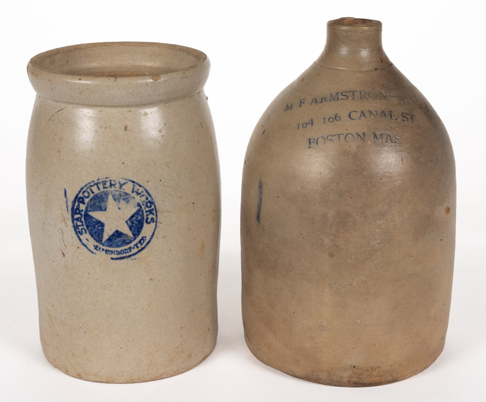 STAMPED BOSTON AND TEXAS STONEWARE ARTICLES, LOT OF TWO: STAMPED BOSTON AND TEXAS STONEWARE ARTICLES, LOT OF TWO, each approximately one-gallon capacity, comprising a "STAR POTTERY WORKS / ELMENDORF - TEX." table churn, Bristol-slip glazed, c