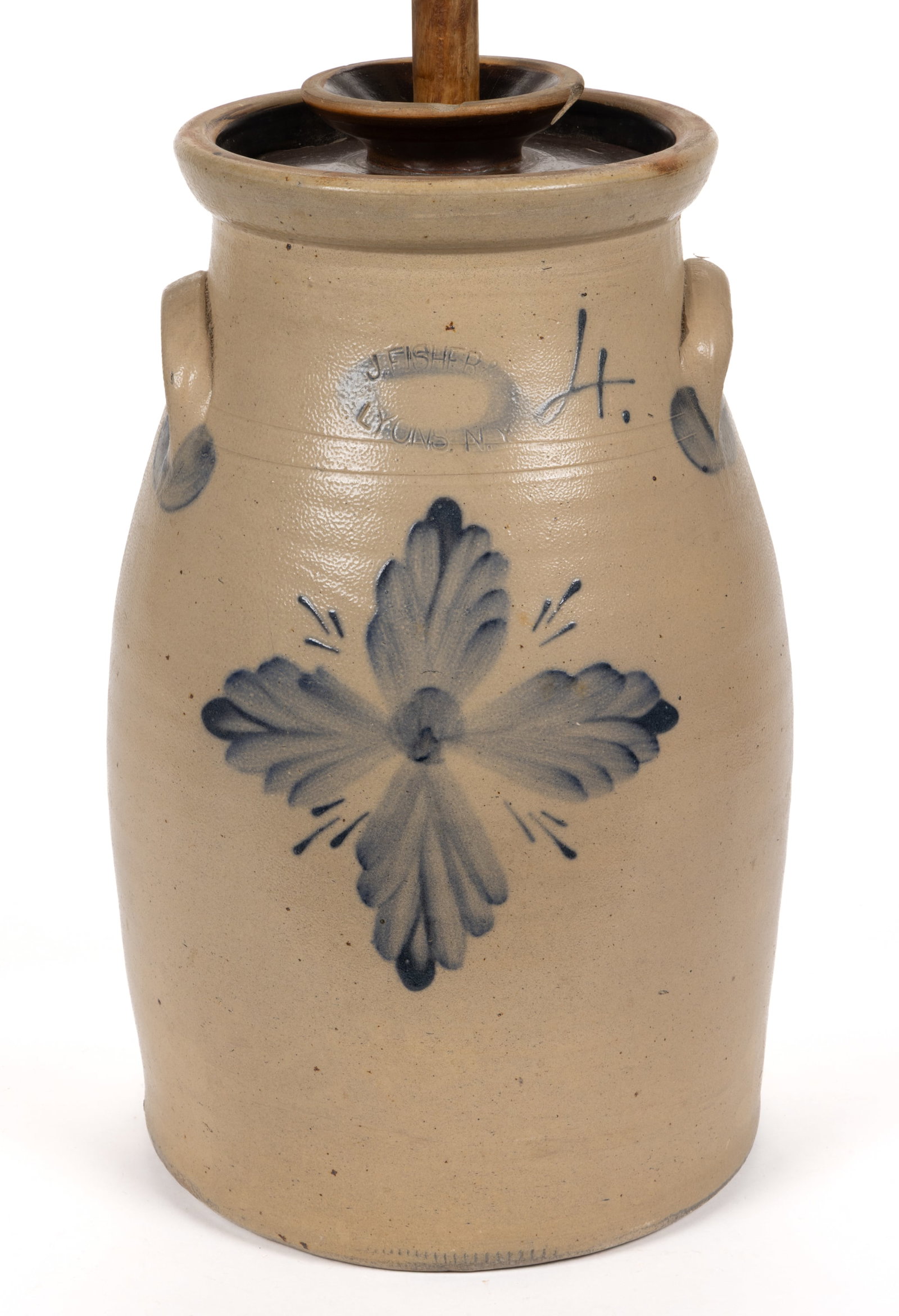 STAMPED "J. FISHER / LYONS, N.Y.", NEW YORK DECORATED STONEWARE CHURN WITH COVER (1 of 5)