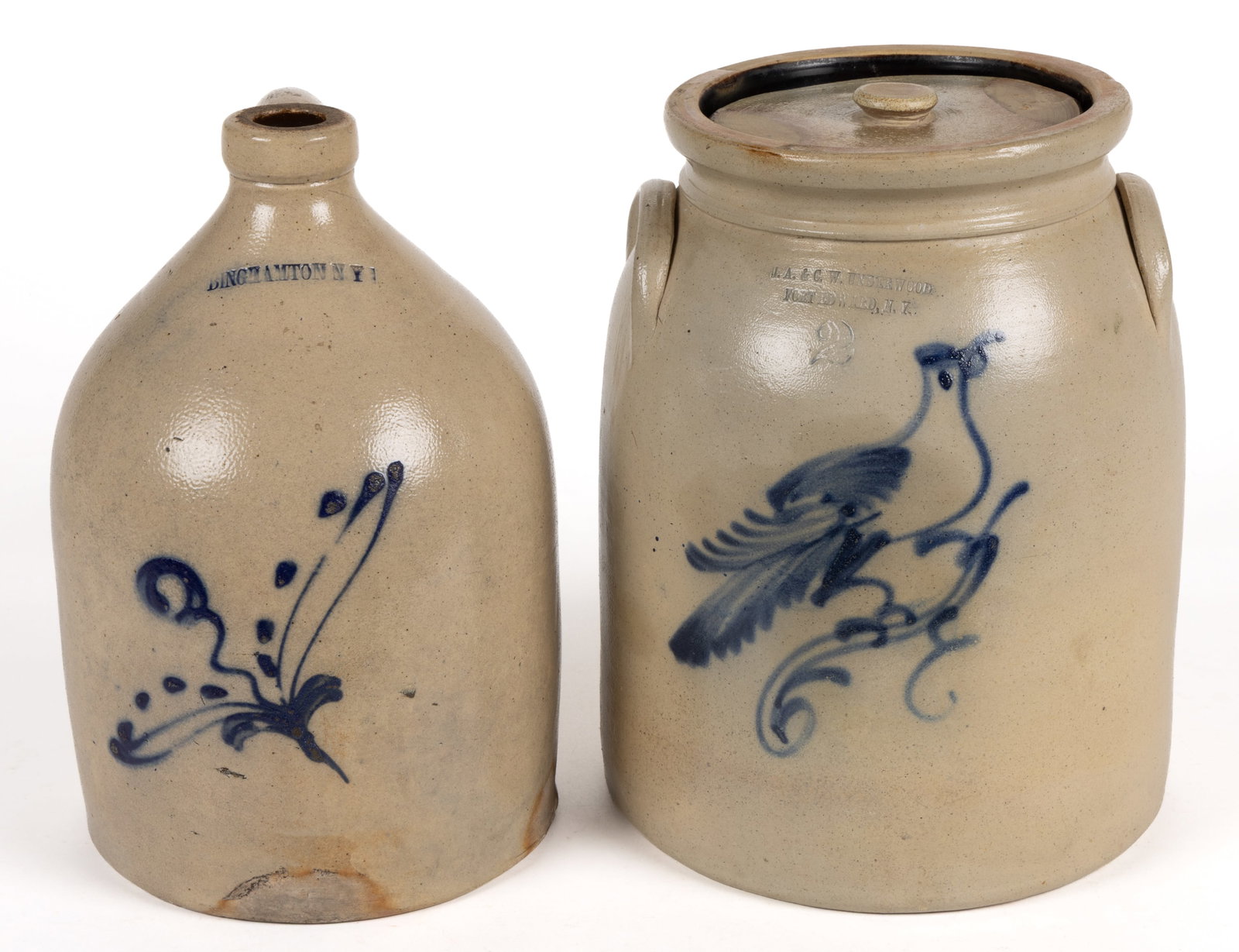 STAMPED NEW YORK DECORATED STONEWARE ARTICLES, LOT OF TWO: STAMPED NEW YORK DECORATED STONEWARE ARTICLES, LOT OF TWO, salt-glazed, each having Albany-slip glazed interior, comprising a "J.A. & C.W. UNDERWOOD / FORT EDWARD, N.Y." jar with cover,&