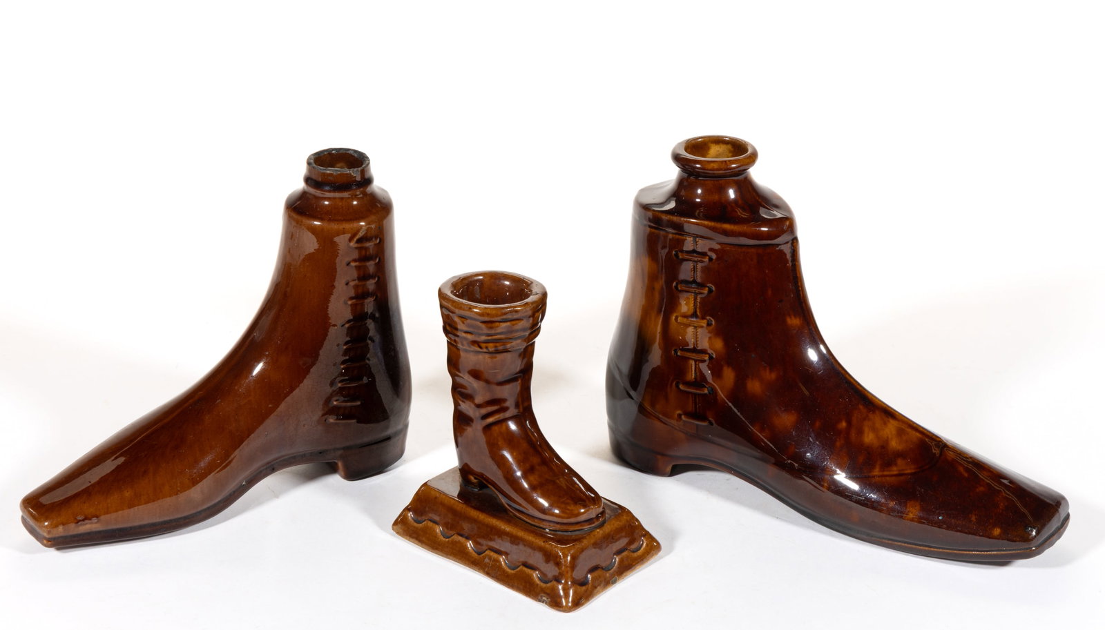 ROCKINGHAM GLAZE POTTERY FIGURAL BOOT / SHOE ARTICLES, LOT OF THREE (1 of 1)