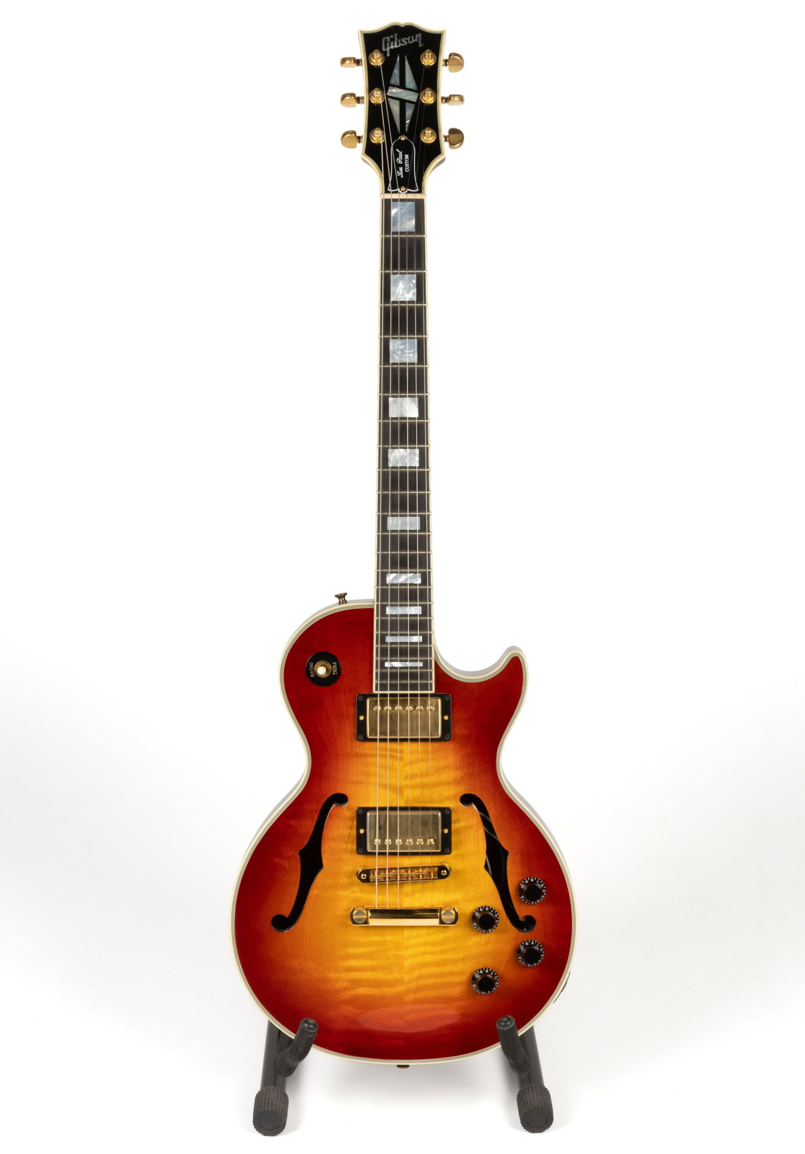 GIBSON CUSTOM SHOP LES PAUL FLORENTINE SUNBURST ELECTRIC GUITAR WITH ORIGINAL CASE: GIBSON CUSTOM SHOP LES PAUL FLORENTINE SUNBURST ELECTRIC GUITAR WITH ORIGINAL CASE, serial number 8 9516, six string, semi-solid body, maple top with f-holes, '57 classic pickups, a three-selector