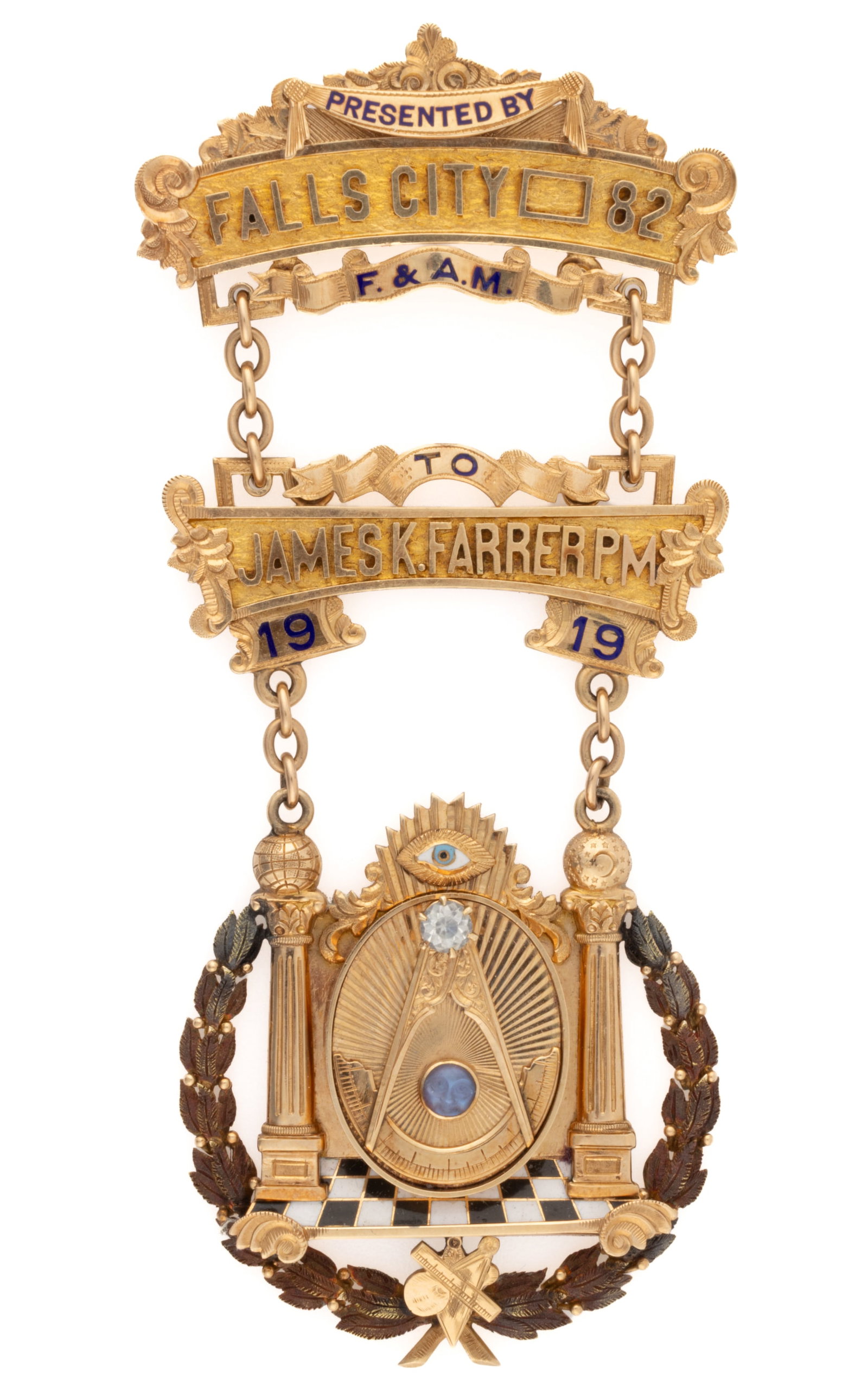 ANTIQUE 14K YELLOW GOLD, ENAMEL, AND STONE MASONIC PAST MASTER JEWEL / BADGE: ANTIQUE 14K YELLOW GOLD, ENAMEL, AND STONE MASONIC PAST MASTER JEWEL / BADGE, two plaques with blue enameled accents, the top reads "PRESENTED BY / FALLS CITY 82 / F. & A.M.", below with
