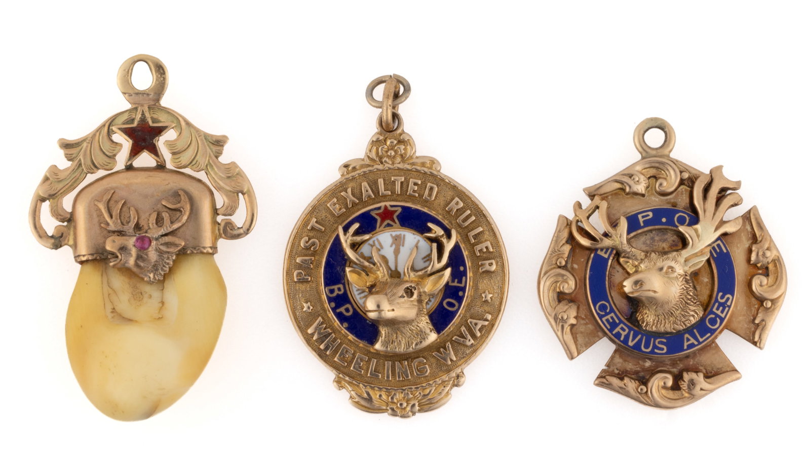 ANTIQUE / VINTAGE 10K GOLD / GOLD-FILLED BENEVOLENT AND PROTECTIVE ORDER OF THE ELKS (BPOE): ANTIQUE / VINTAGE 10K GOLD / GOLD-FILLED BENEVOLENT AND PROTECTIVE ORDER OF THE ELKS (BPOE) FRATERNAL WATCH FOBS / PENDANTS, LOT OF THREE, each having enameled decoration / accents; comprising a round