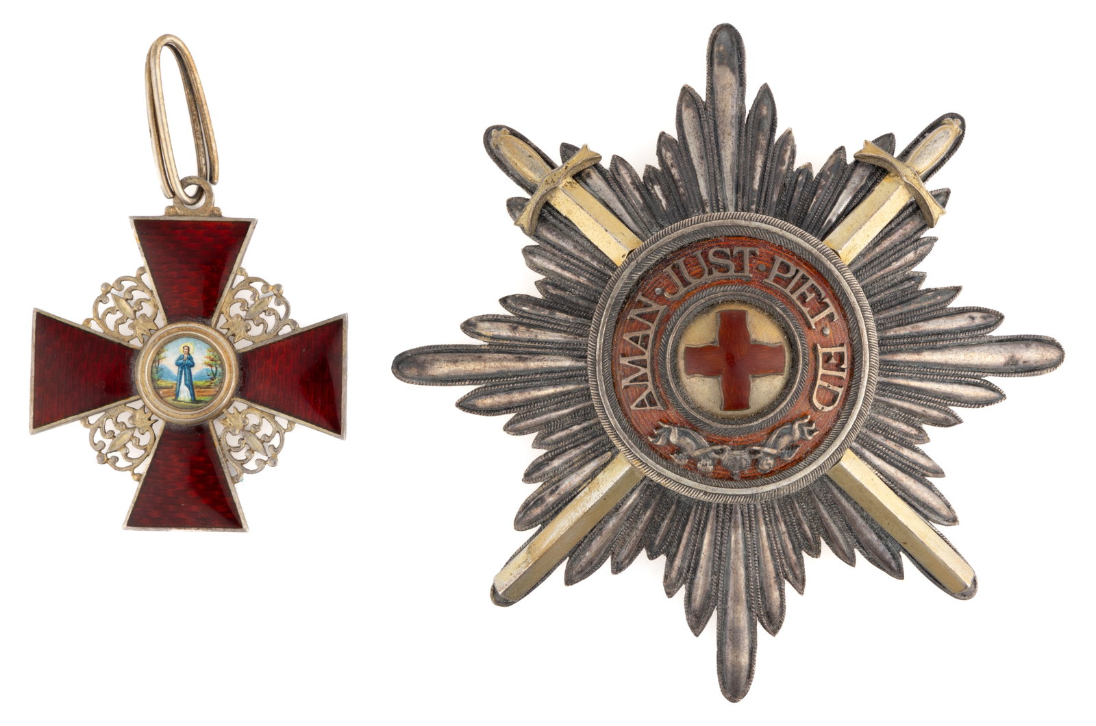 RUSSIA "ORDER OF SAINT ANNA / ANNE" BREAST STAR AND BADGE, LOT OF TWO: RUSSIA "ORDER OF SAINT ANNA / ANNE" BREAST STAR AND BADGE, LOT OF TWO, enamel and silver/silver-gilt, comprising a breast star with crossed swords and a central reserve with a cross lettered