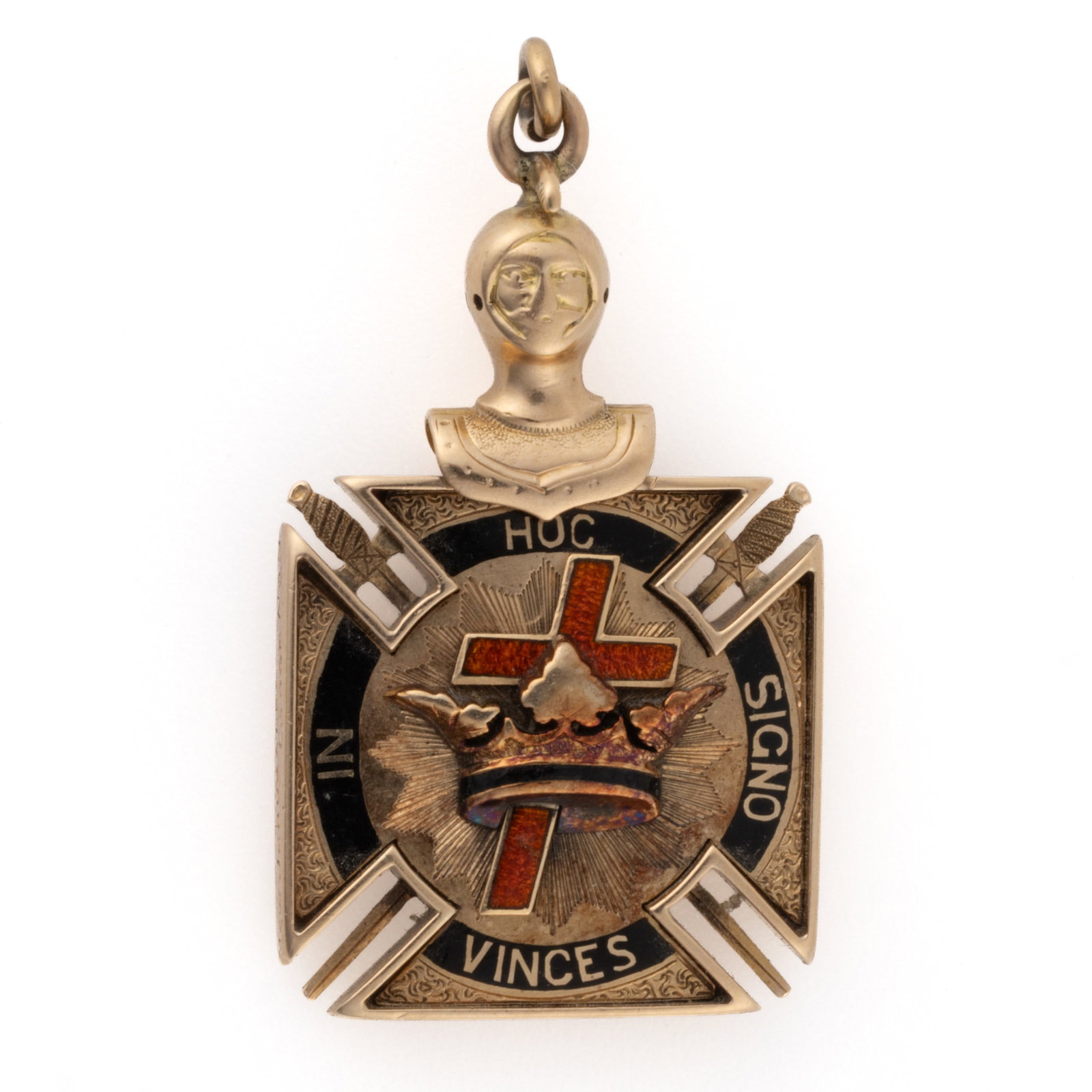 ANTIQUE / VINTAGE 14K YELLOW GOLD AND ENAMEL WASHINGTON, DC KNIGHTS TEMPLAR / MASONIC WATCH FOB /: ANTIQUE / VINTAGE 14K YELLOW GOLD AND ENAMEL WASHINGTON, DC KNIGHTS TEMPLAR / MASONIC WATCH FOB / PENDANT, top with hinged knight's armor helmet probably lacking a visor / ventail, cross-form lowe