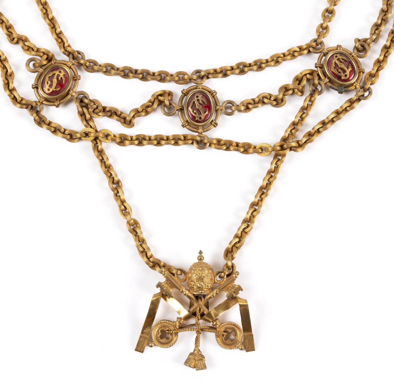 ITALIAN GILT 0.800 SILVER PAPAL CHAMBERLAIN COLLAR CHAIN: ITALIAN GILT 0.800 SILVER PAPAL CHAMBERLAIN COLLAR CHAIN, having triple chain with reeded links, alternating with enameled oval medallions of "SC" initials that stands for "Cameriere Se