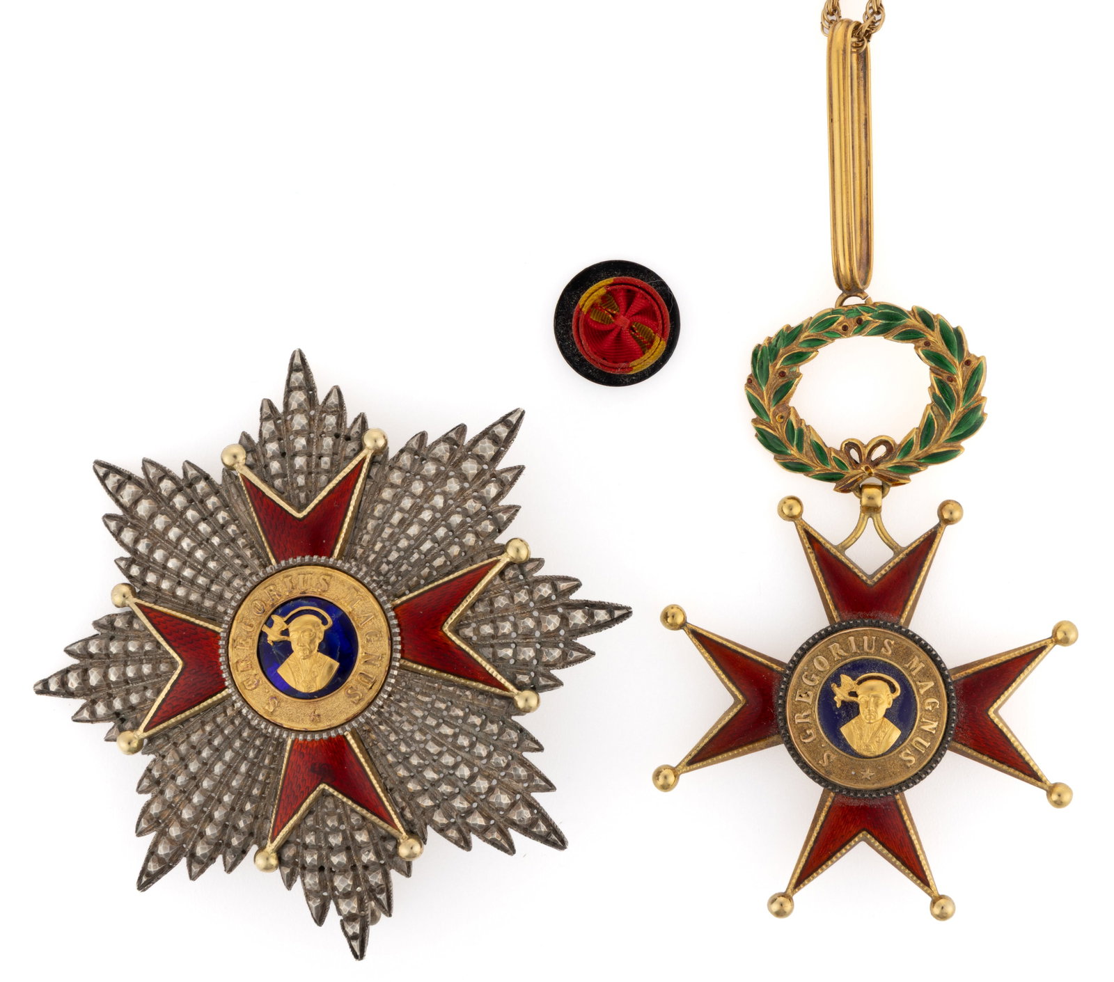 ITALY "ORDER OF SAINT GREGORY" BREAST STAR AND COMMANDER'S CROSS BADGE, TWO-PIECE CASED SET: ITALY "ORDER OF SAINT GREGORY" BREAST STAR AND COMMANDER'S CROSS BADGE, TWO-PIECE CASED SET, enamel and silver-gilt of unknown fineness, comprising a breast star with a central bust of S