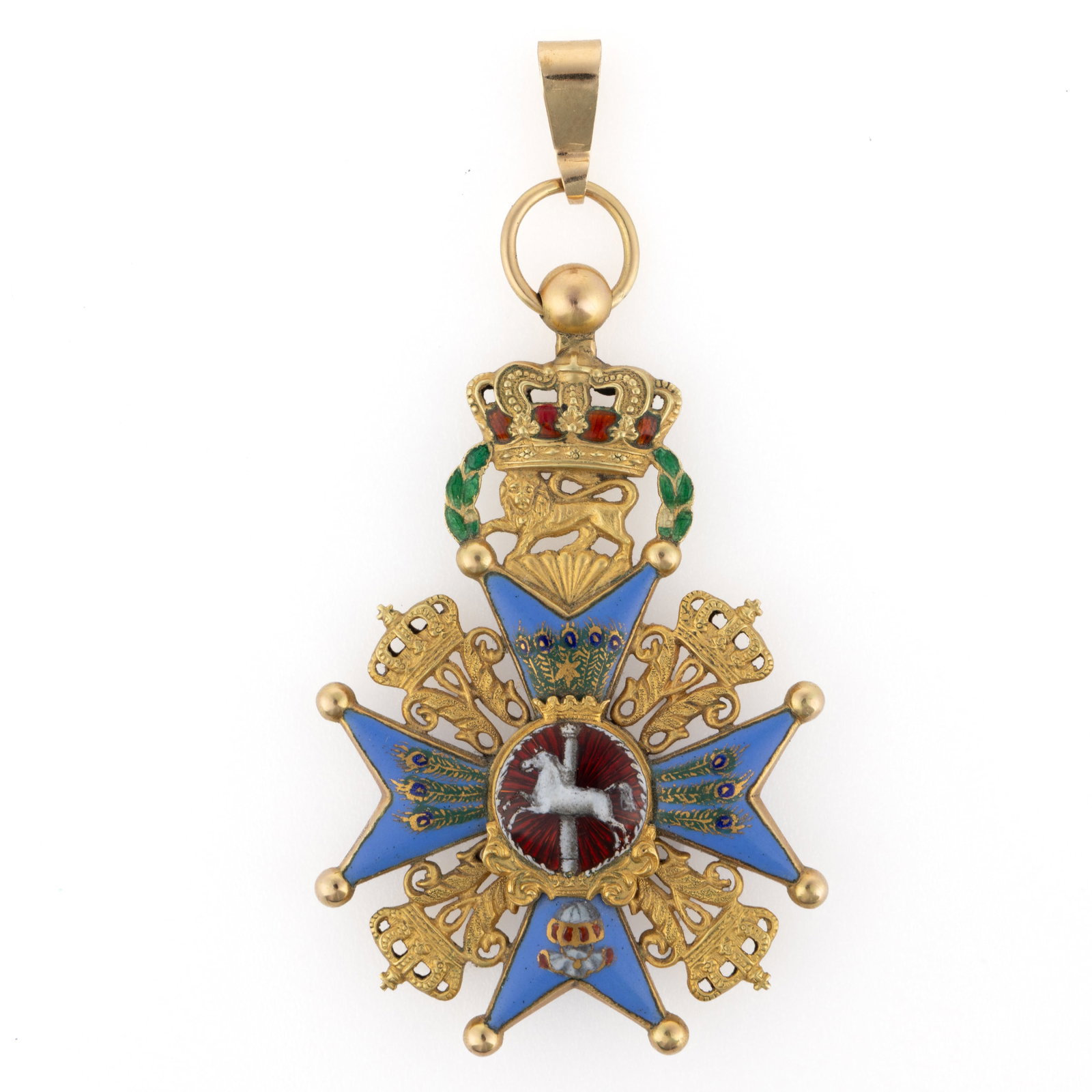 BRUNSWICK "ORDER OF HENRY THE LION" BADGE: BRUNSWICK "ORDER OF HENRY THE LION" BADGE, enamel and silver-gilt of unknown fineness, obverse having a central reserve with a white unicorn in front of a powder blue Maltese cross with