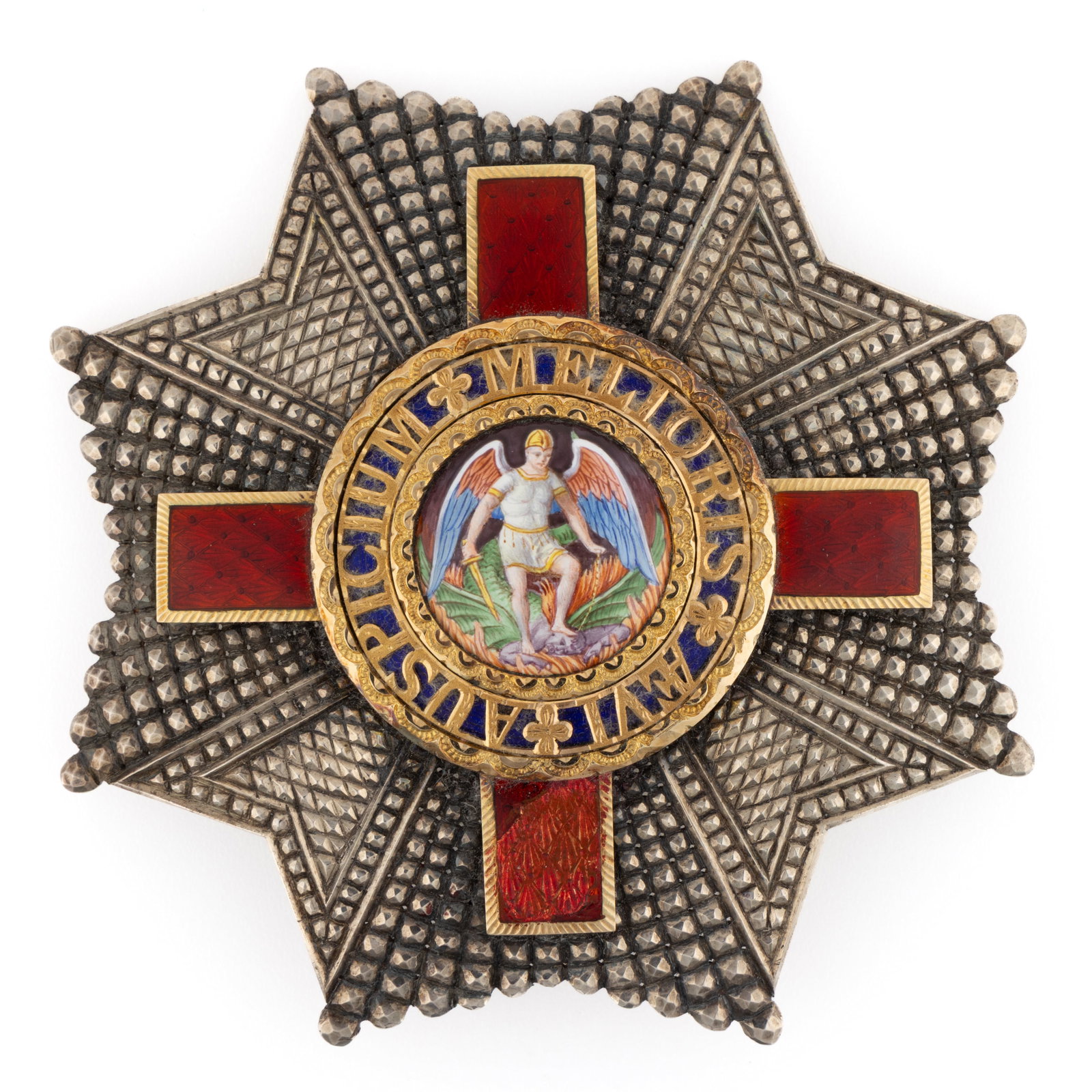 BRITAIN "ORDER OF SAINT MICHAEL AND SAINT GEORGE" BREAST STAR: BRITAIN "ORDER OF SAINT MICHAEL AND SAINT GEORGE" BREAST STAR, enamel and silver of unknown fineness, the central reserve depicting a figure slaying a humanoid winged creature and lettered &