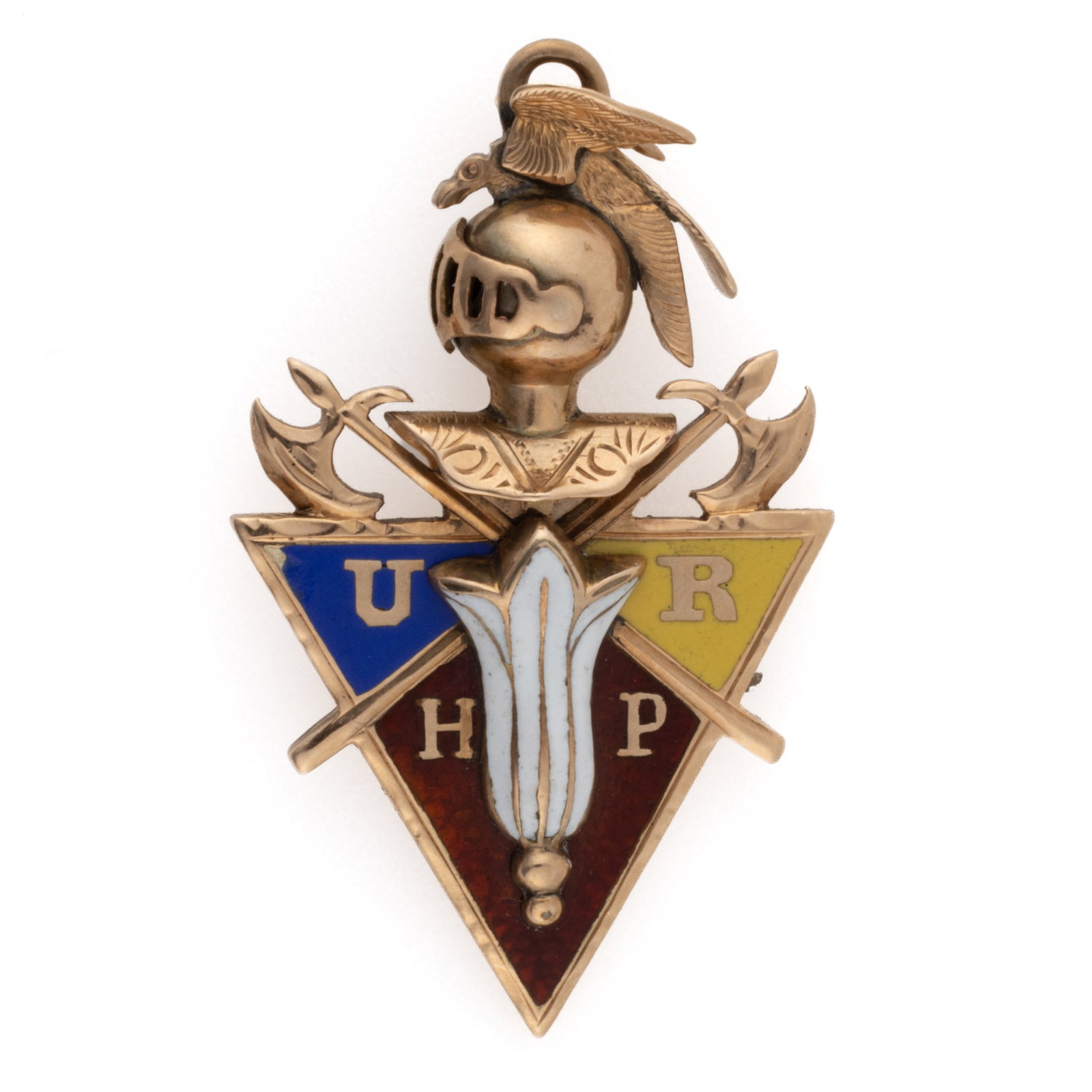 ANTIQUE 10K YELLOW GOLD AND ENAMEL ALABAMA KNIGHTS OF PYTHIAS WATCH FOB / PENDANT: ANTIQUE 10K YELLOW GOLD AND ENAMEL ALABAMA KNIGHTS OF PYTHIAS WATCH FOB / PENDANT, having a hinged knights armor helmet top with bail, below with triangular panel embellished by two crossed axes, enam