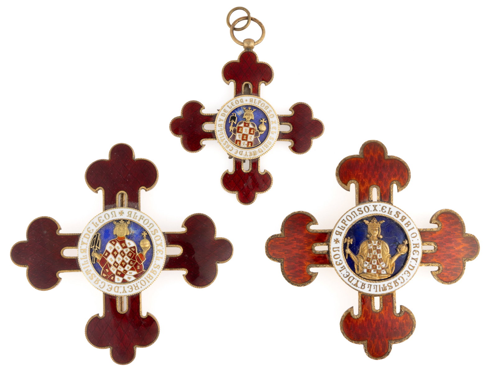 SPAIN "ORDER OF ALFONSO X, THE WISE" BREAST STARS AND BADGE, LOT OF THREE: SPAIN "ORDER OF ALFONSO X, THE WISE" BREAST STARS AND BADGE, LOT OF THREE, enamel and silver-gilt of unknown fineness, four-armed shamrock cross with a central reserve featuring a figure of 