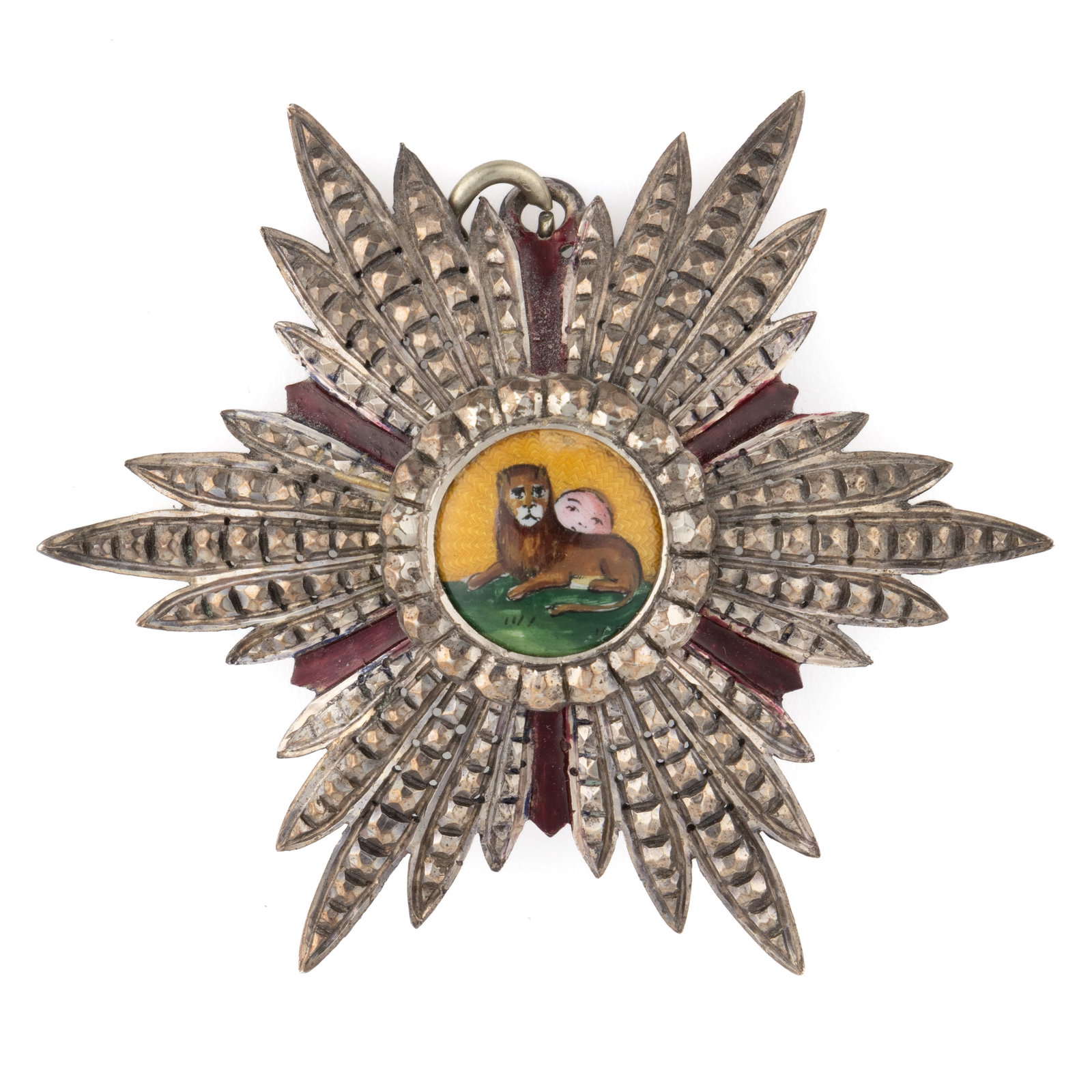 QAJAR / IRAN "ORDER OF THE HOMAYOUN" (LION AND SON) BADGE: QAJAR / IRAN "ORDER OF THE HOMAYOUN" (LION AND SON) BADGE, enamel and silver of unknown fineness, the central reserve featuring a lion and son. Unknown silver fineness/metal content. 19