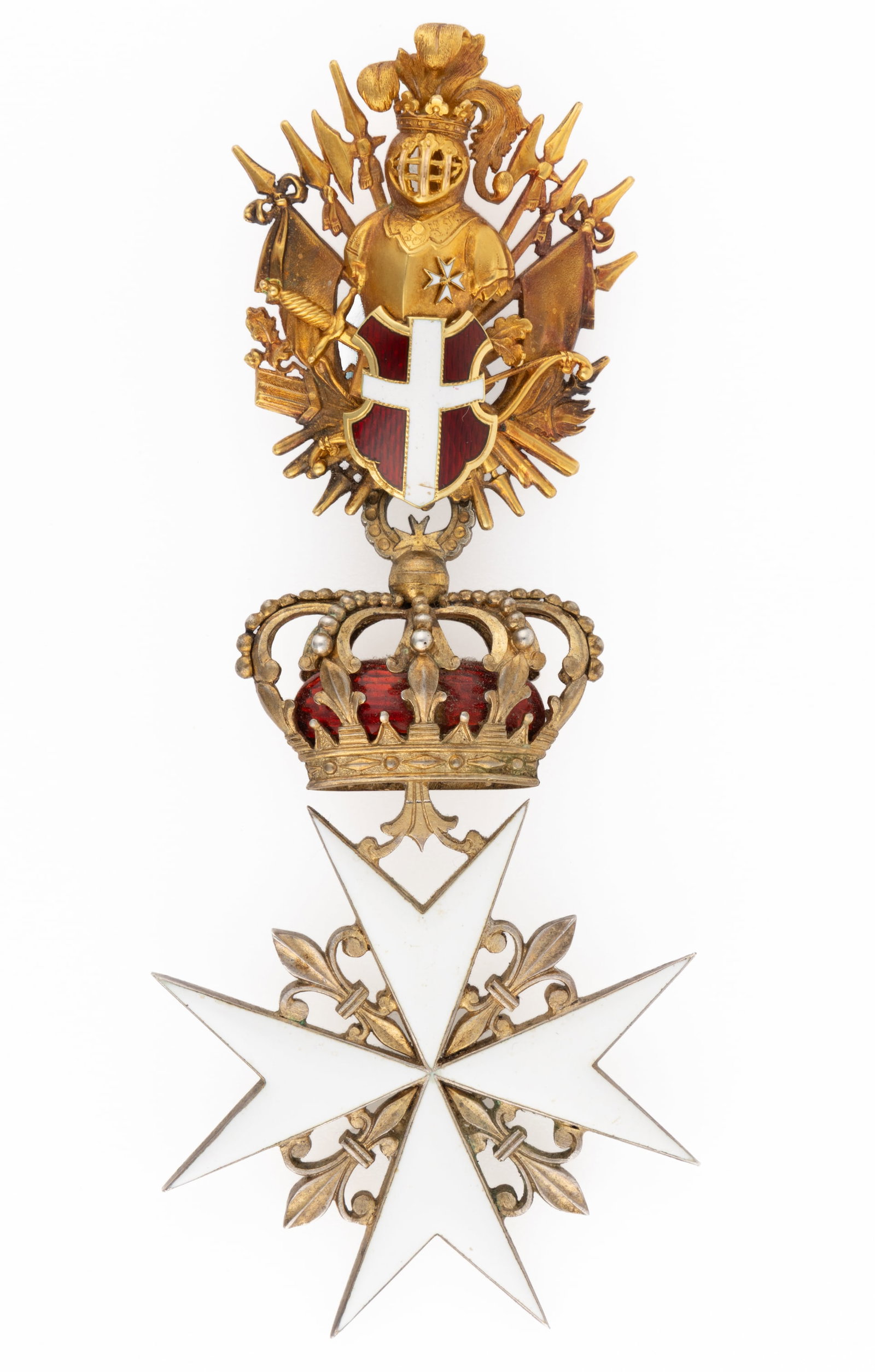 SILVER-GILT & HALLMARK - IMPERIAL AUSTRIA "ORDER OF THE KNIGHTS OF MALTA" BADGE: IMPERIAL AUSTRIA "ORDER OF THE KNIGHTS OF MALTA" BADGE, enamel and silver-gilt (probably 0.750 fineness), very fine construction, featuring a white enamel cross with fleur-de-lis in eac