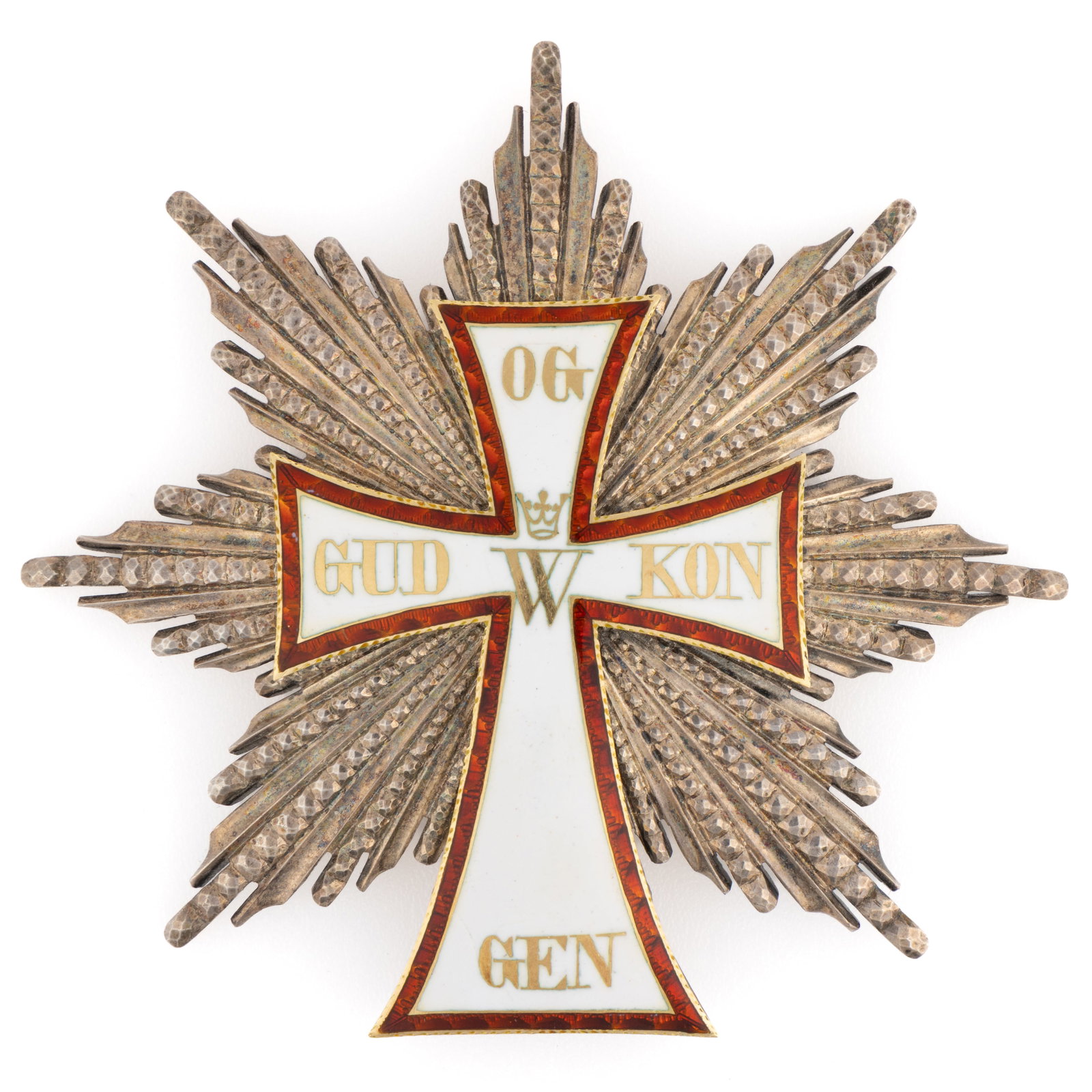 DENMARK "ORDER OF THE DANNEBROG" BREAST STAR / BADGE: DENMARK "ORDER OF THE DANNEBROG" BREAST STAR / BADGE, enamel and silver of unknown fineness, the central cross with a crowned "W" lettered "OG / GEN / KON / GUD". Hallmar