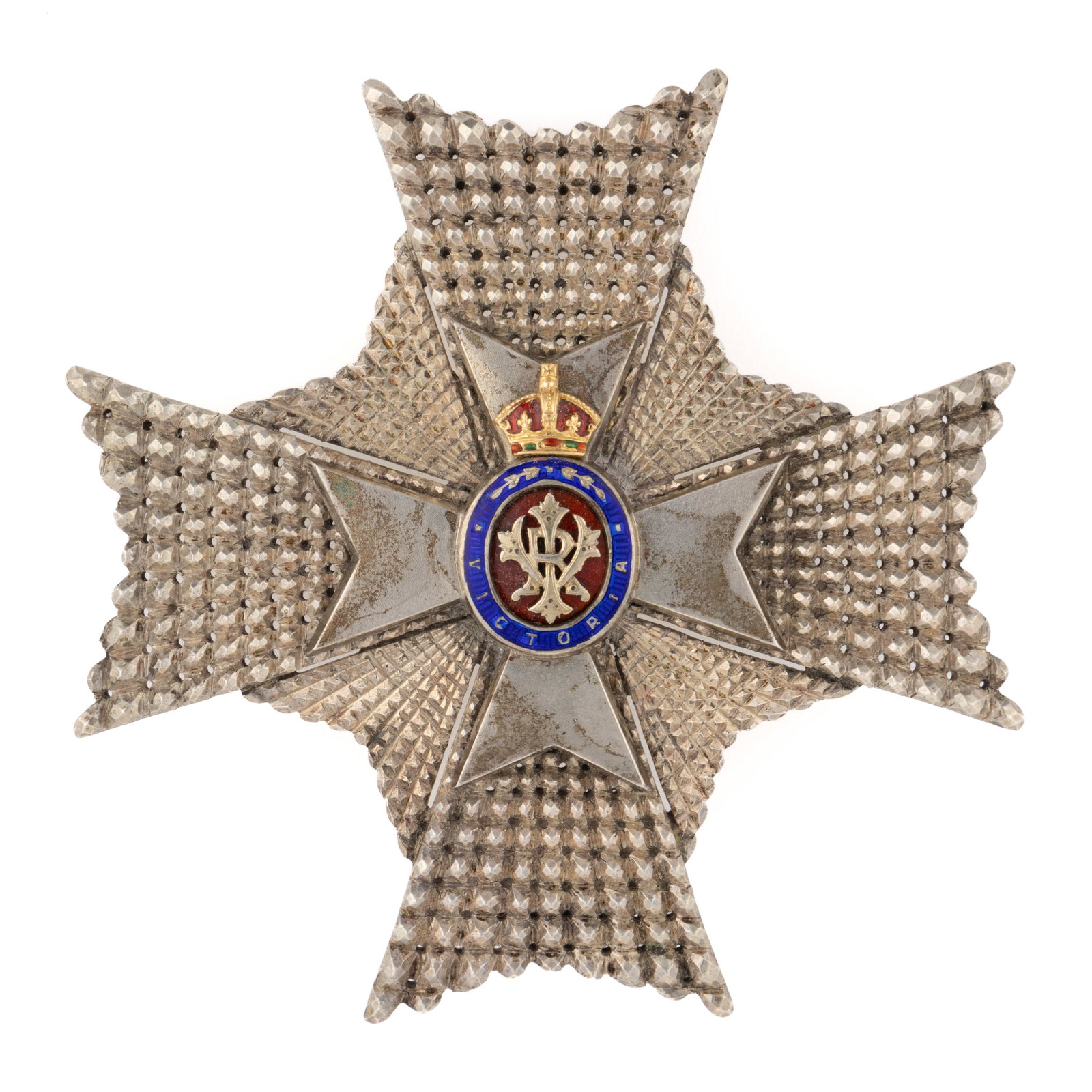 BRITISH "ROYAL VICTORIAN ORDER" BREAST STAR: BRITISH "ROYAL VICTORIAN ORDER" BREAST STAR, enamel on silver of unknown fineness, the central reserve with the Royal cypher "VRI" surrounded by "VICTORIA" and topped wit
