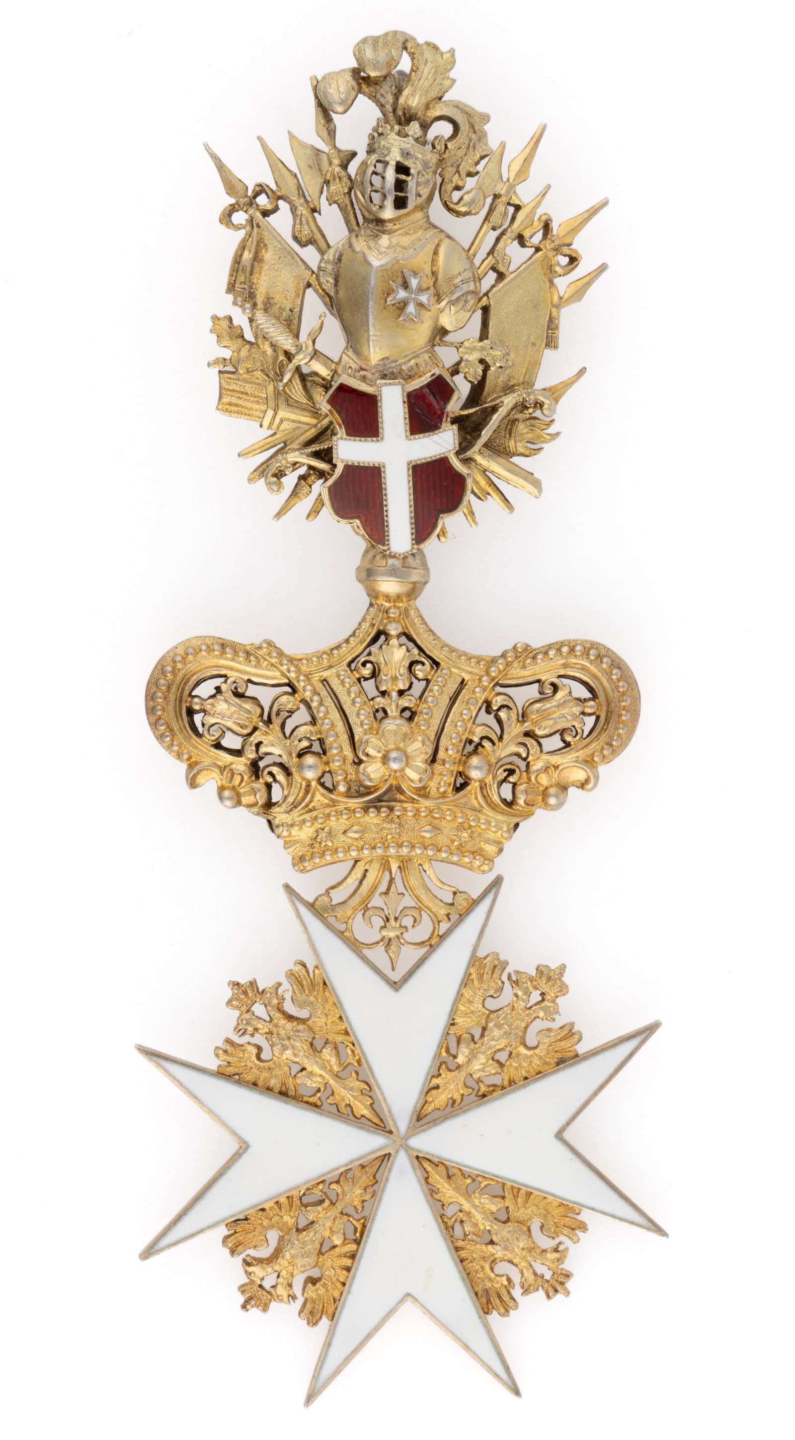 IMPERIAL AUSTRIA "ORDER OF THE KNIGHTS OF MALTA" BADGE: IMPERIAL AUSTRIA "ORDER OF THE KNIGHTS OF MALTA" BADGE, enamel and silver-gilt of unknown fineness, featuring a white enamel cross suspended by a reticulated crown and an elaborate trop