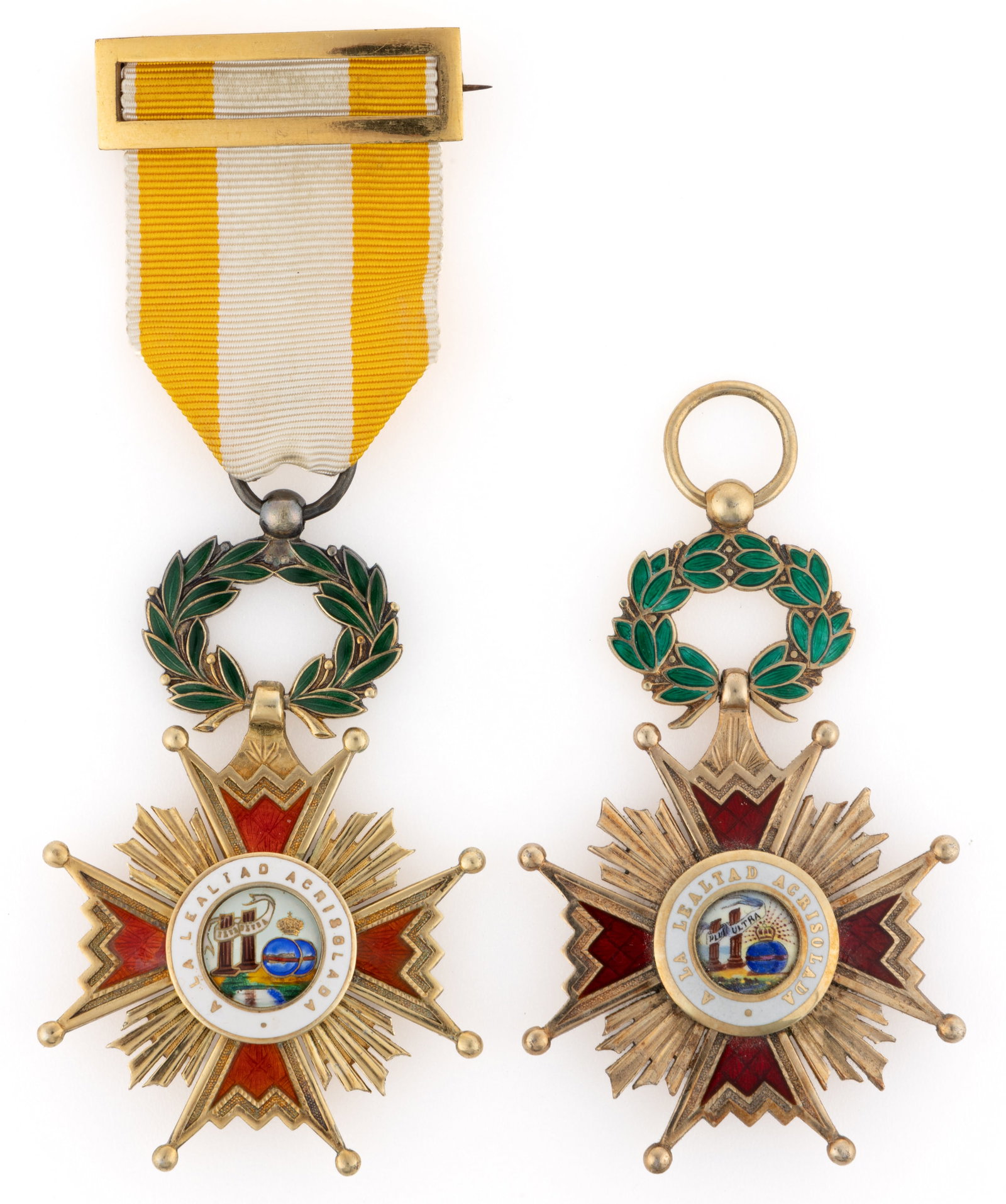 SPAIN "ORDER OF ISABELLA THE CATHOLIC" BADGES, LOT OF TWO: SPAIN "ORDER OF ISABELLA THE CATHOLIC" BADGES, LOT OF TWO, enamel on silver-gilt of unknown fineness, the main cross with a central enameled scene lettered "A LA LEALTAD ACRISOLADA