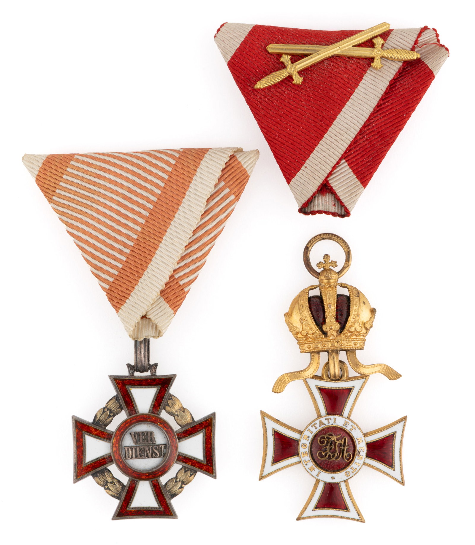 AUSTRIA "LEOPOLD ORDER" AND "MILITARY MERIT CROSS" BADGES, LOT OF TWO: AUSTRIA "LEOPOLD ORDER" AND "MILITARY MERIT CROSS" BADGES, LOT OF TWO, enamel and silver-gilt of unknown fineness, comprising an Austria-Hungary Military Merit Cross, probably