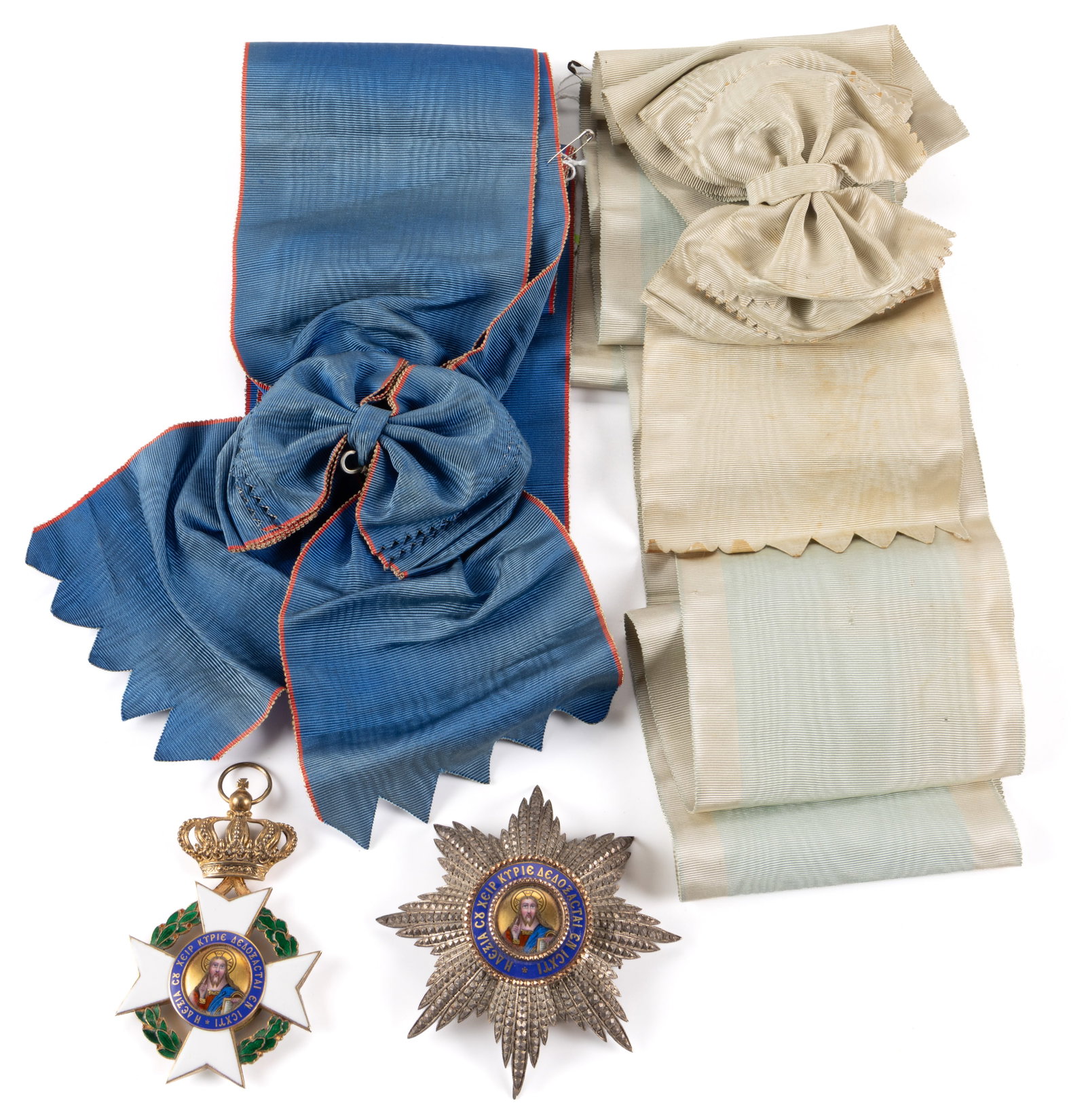 GREECE "ORDER OF THE REDEEMER" BREAST STAR, BADGE, AND SASHES, LOT OF FOUR (1 of 3)