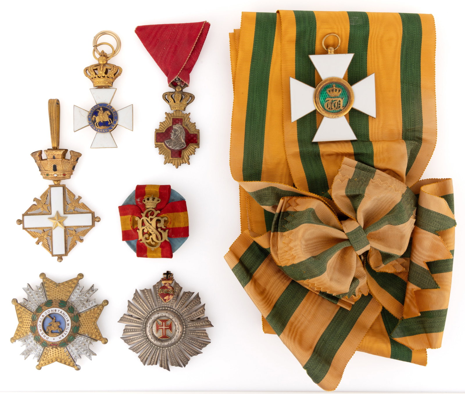 ASSORTED EUROPEAN BADGES / MEDALS AND SASH, LOT OF EIGHT (1 of 2)