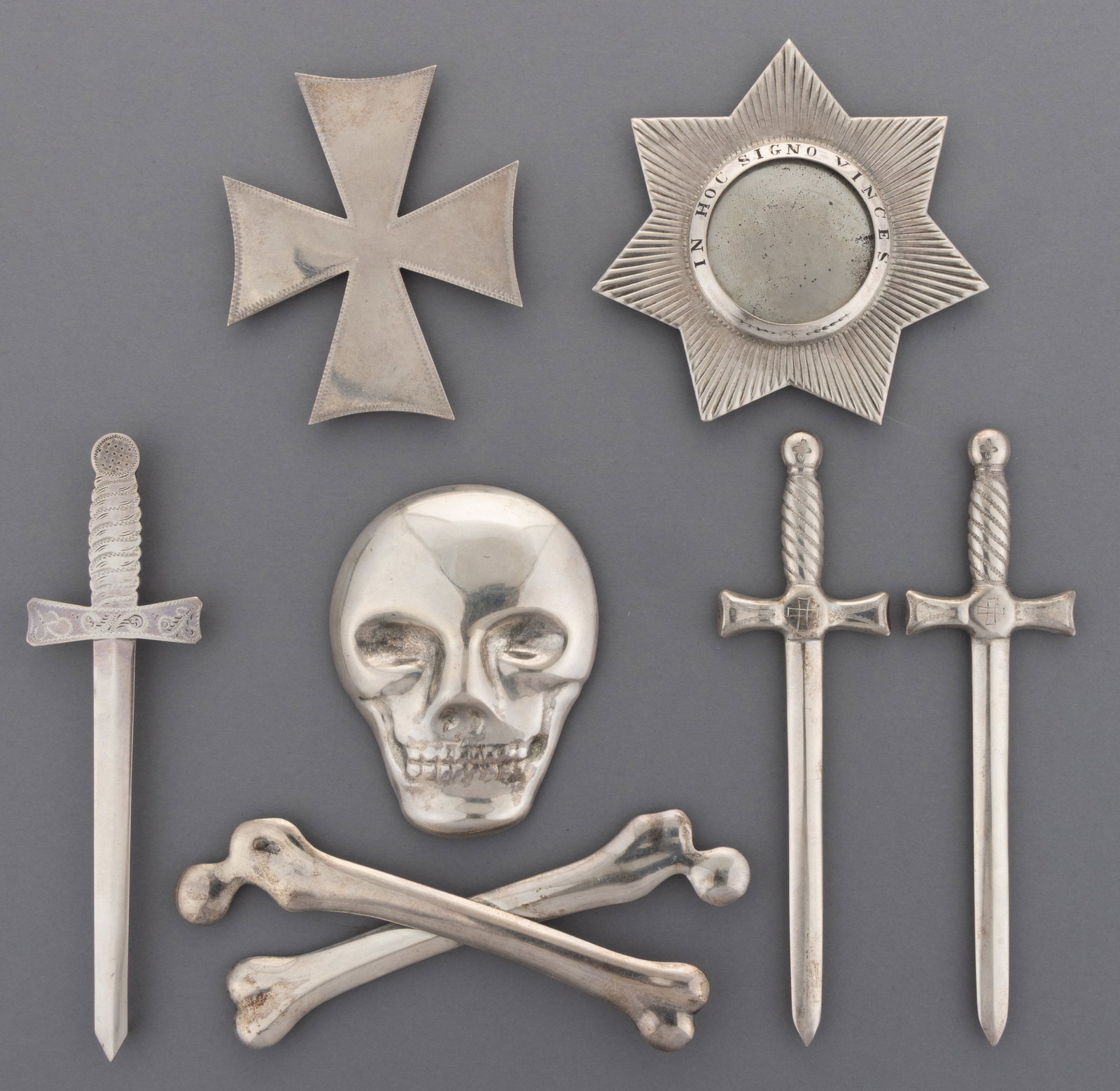 A. SANBORN, LOWELL, MASSACHUSETTS COIN SILVER MASONIC / KNIGHTS TEMPLAR JEWELS / BADGES, LOT OF: A. SANBORN, LOWELL, MASSACHUSETTS COIN SILVER MASONIC / KNIGHTS TEMPLAR JEWELS / BADGES, LOT OF SEVEN, most pieces with engraved decoration, comprising a skull, crossbones, seven-pointed star with &qu