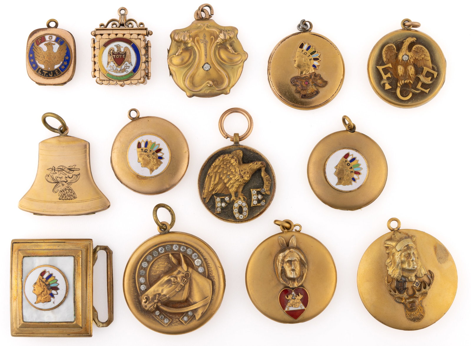 ANTIQUE / VINTAGE IMPROVED ORDER OF RED MEN AND OTHER FRATERNAL LOCKETS / WATCH FOBS AND BUCKLE, LOT (1 of 2)