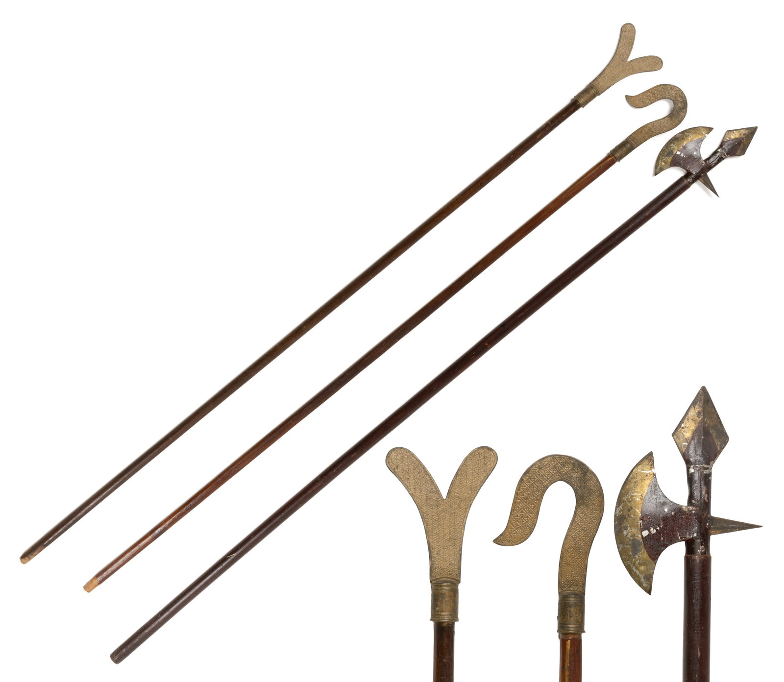 AMERICAN FOLK ART PAINTED FRATERNAL LODGE STAFFS, LOT OF THREE: AMERICAN FOLK ART PAINTED FRATERNAL LODGE STAFFS, LOT OF THREE, comprising an example with a painted sheet-iron axe head, and two matching examples with metal symbolic finials. Late 19th/first half 20