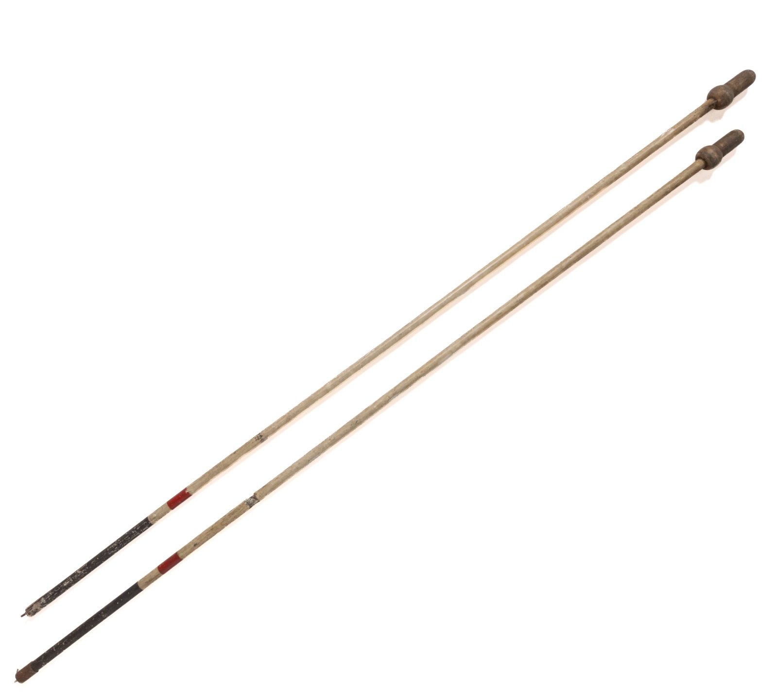 AMERICAN FOLK ART PATRIOTIC FLAG POLES / STAFFS, PAIR: AMERICAN FOLK ART PATRIOTIC FLAG POLES / STAFFS, PAIR, each having a turned acorn-form finial, eye hook, and a red, white, and blue, painted motif. Possibly fraternal. Late 19th/first quarter 20th cen