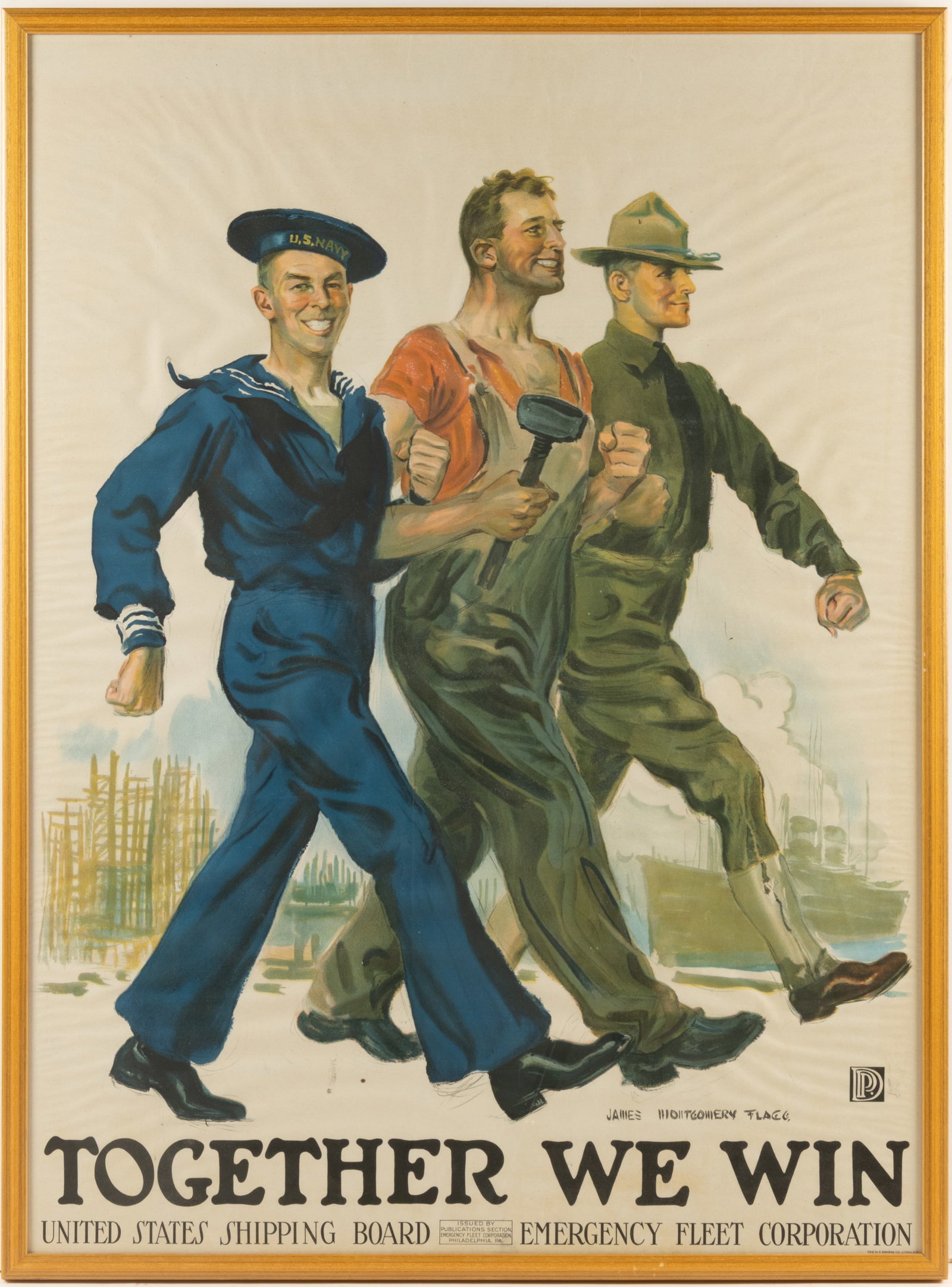 JAMES MONTGOMERY FLAGG (AMERICAN, 1877-1960) WORLD WAR I / WWI POSTER: JAMES MONTGOMERY FLAGG (AMERICAN, 1877-1960) WORLD WAR I / WWI POSTER, single-sheet, depicting an industrial worker walking with a naval seaman and a soldier on the dock of a shipyard titled "TOG