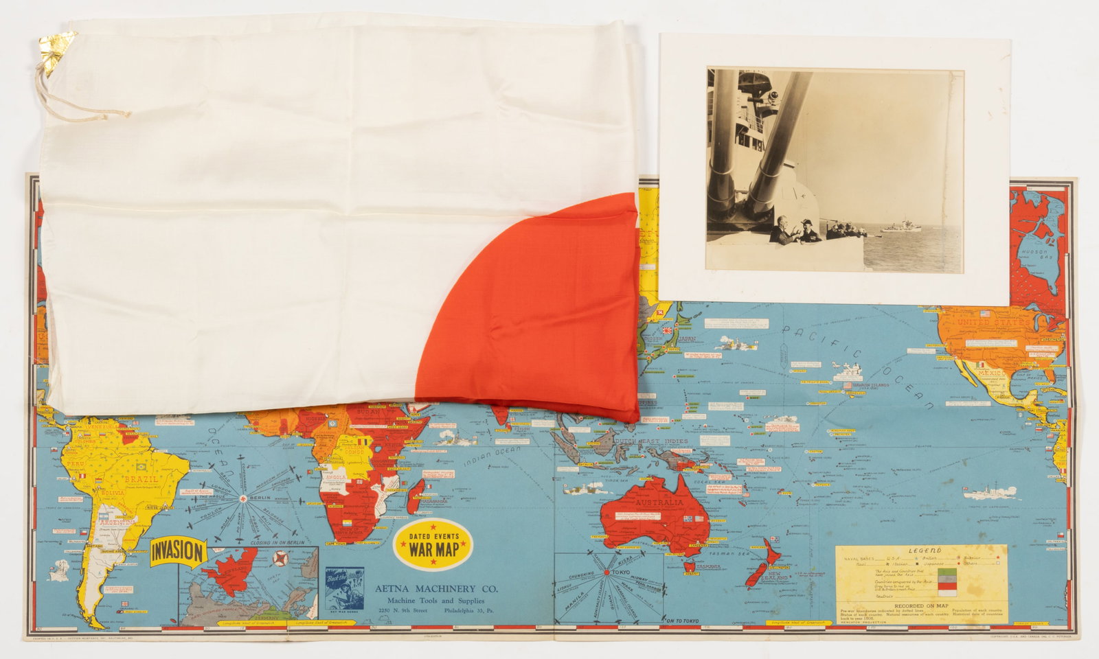 WORLD WAR II (WWII) ERA MILITARY ARTICLES, LOT OF THREE: WORLD WAR II (WWII) ERA MILITARY ARTICLES, LOT OF THREE, comprising a photograph of President Franklin D. Roosevelt alongside a high-ranking Naval officer on the deck of a Navy warship with other ship