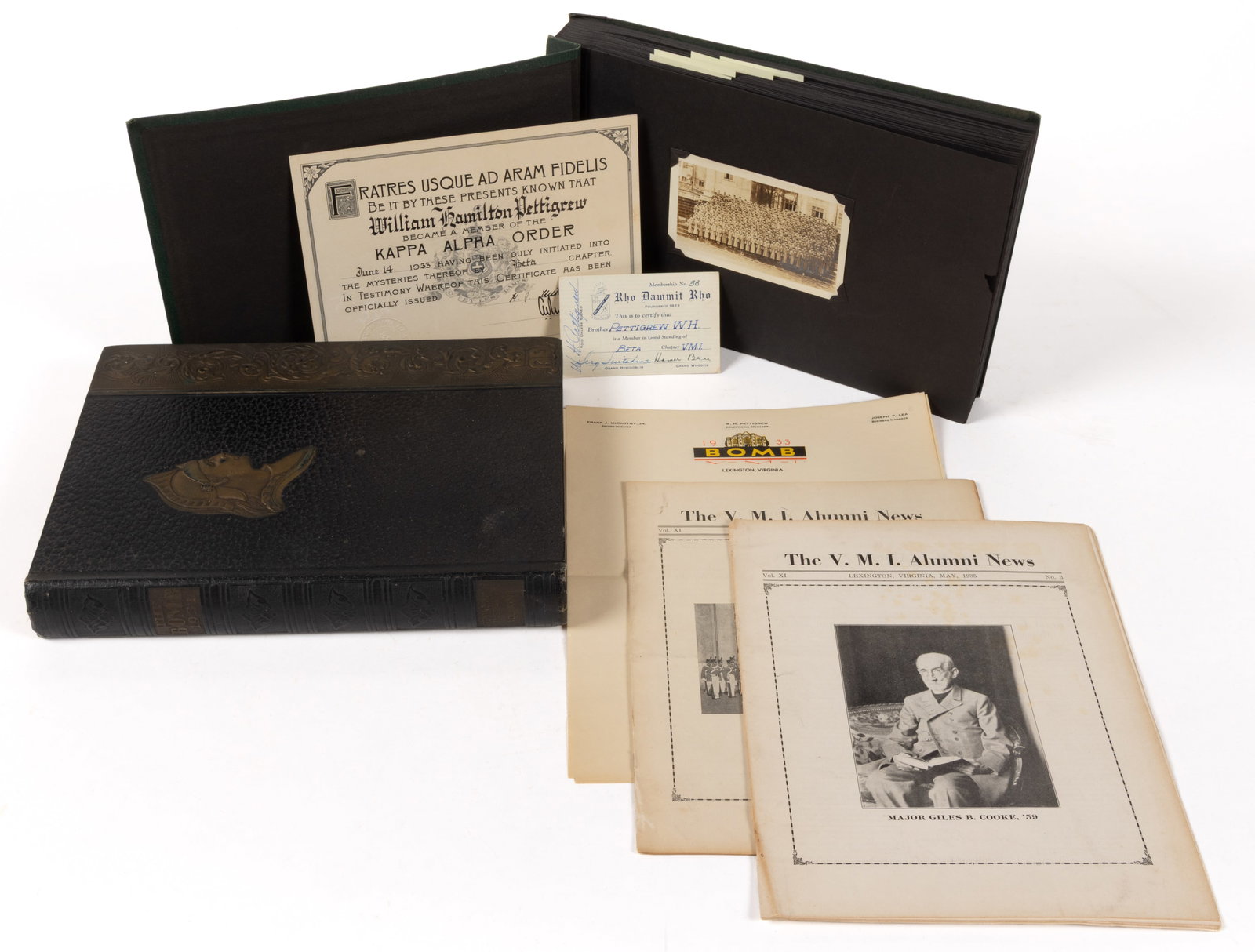 VIRGINIA MILITARY INSTITUTE (VMI) PHOTOS AND PRINTED MATERIALS, UNCOUNTED LOT: VIRGINIA MILITARY INSTITUTE (VMI) PHOTOS AND PRINTED MATERIALS, UNCOUNTED LOT, including a circa 1933 photograph album of images of the buildings and grounds, sports, encampments, parades, etc., proba