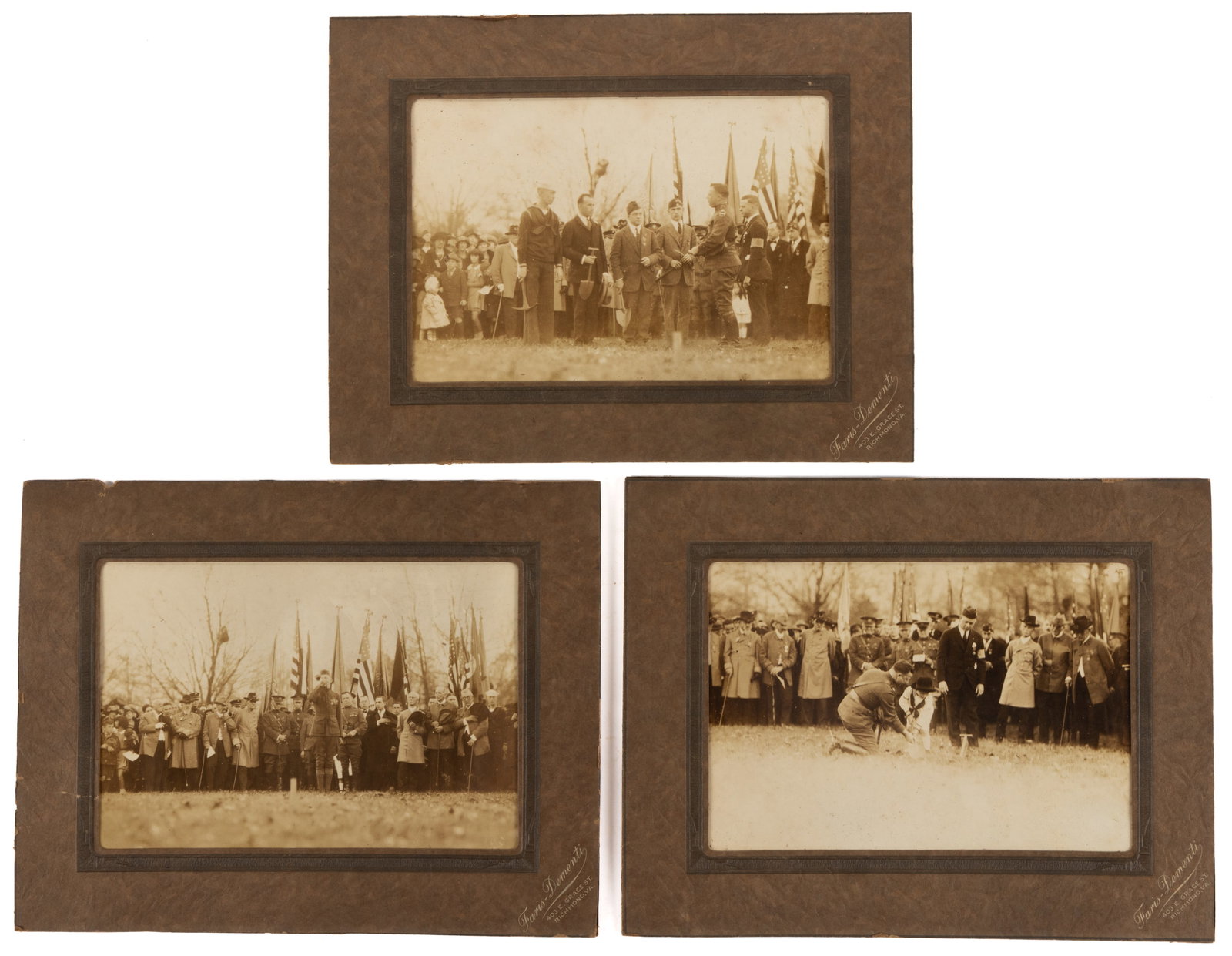 VIRGINIA WORLD WAR I (WWI) MEMORIAL GROUNDBREAKING PHOTOGRAPHS, LOT OF THREE: VIRGINIA WORLD WAR I (WWI) MEMORIAL GROUNDBREAKING PHOTOGRAPHS, LOT OF THREE, gelatin silver print on textured mount, each a different depiction of the groundbreaking ceremonies for State War Mem