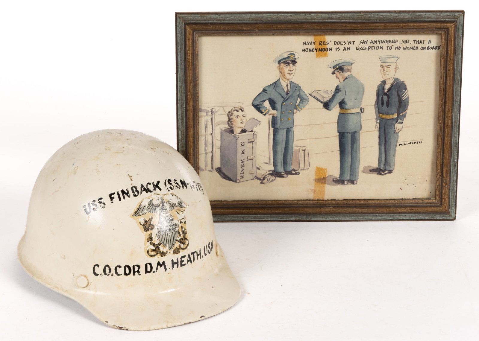 USS FINBACK (SSN-670), NUCLEAR SUBMARINE ARTICLES, LOT OF TWO: USS FINBACK (SSN-670), NUCLEAR SUBMARINE ARTICLES, LOT OF TWO, comprising a fiberglass safety hard hat worn on the Sturgeon-class nuclear attack submarine by its sixth commanding officer Capt.&nb