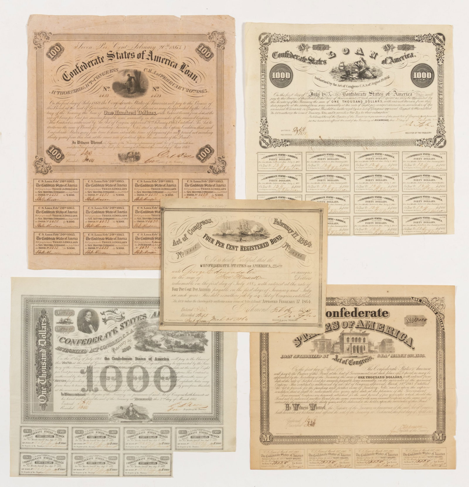 CONFEDERATE STATES CIVIL WAR LOAN BONDS, LOT OF FIVE (1 of 1)