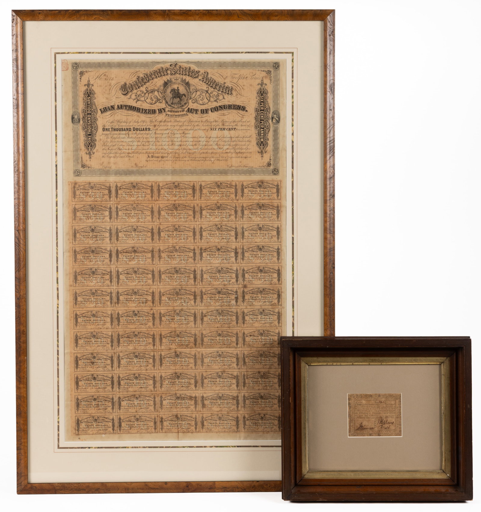 COLONIAL AND CIVIL WAR CURRENCY AND BOND, LOT OF TWO (1 of 3)