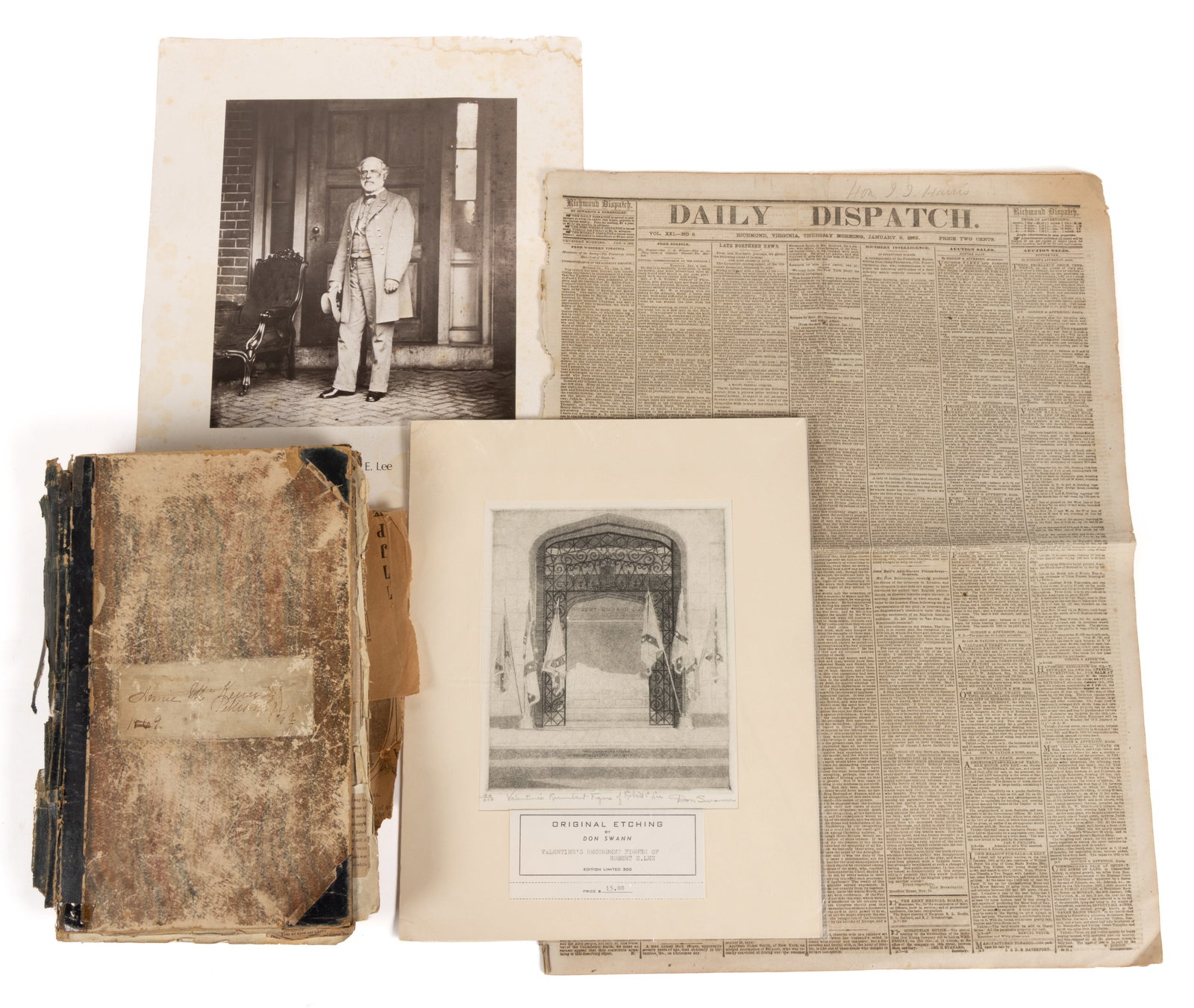 CIVIL WAR CONFEDERATE PRINTED MATERIALS, LOT OF FOUR: CIVIL WAR CONFEDERATE PRINTED MATERIALS, LOT OF FOUR, comprising an 1870s scrapbook containing newspaper clippings including many CSA-related, four CSA notes, an 1863 State of South Carolina 10-c