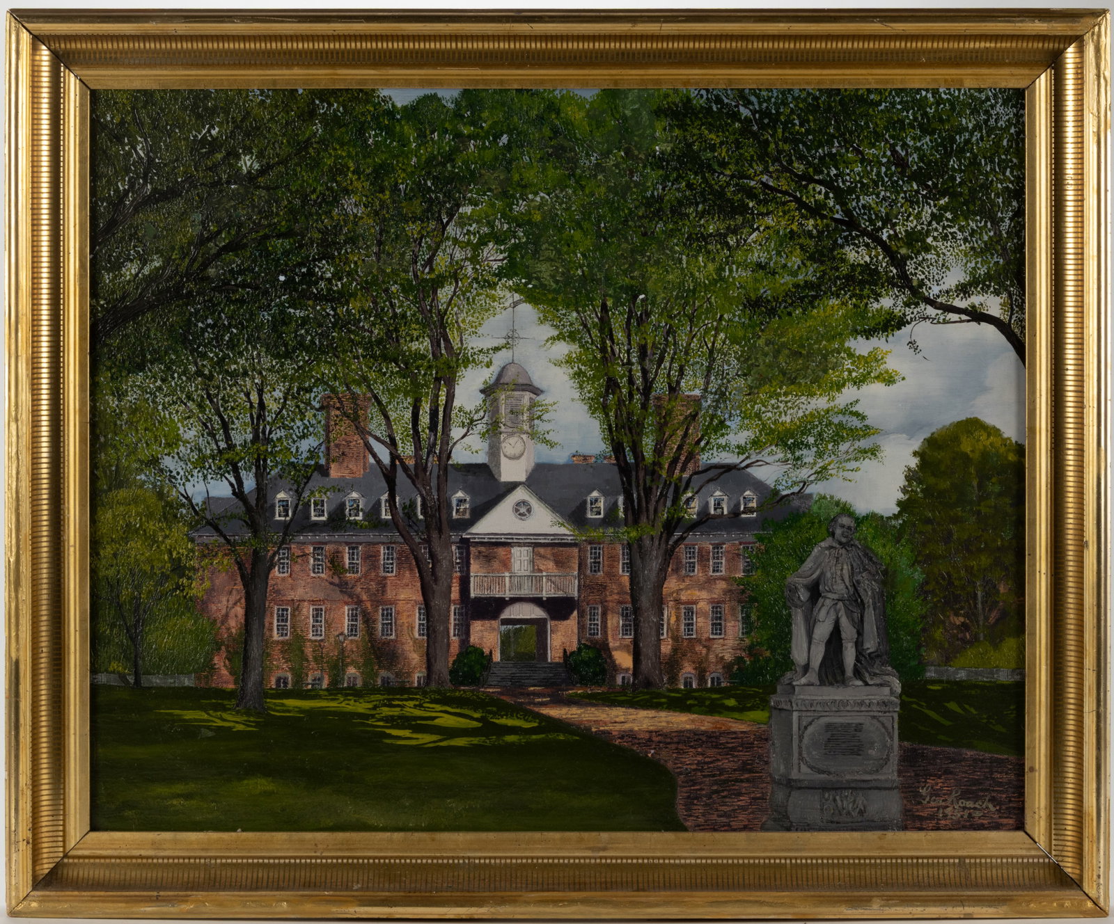 AMERICAN SCHOOL (20TH CENTURY) COLLEGE OF WILLIAM AND MARY PAINTING: AMERICAN SCHOOL (20TH CENTURY) COLLEGE OF WILLIAM AND MARY PAINTING, oil on canvas, depicting the Wren Building with the Lord Botetourt Statue in the foreground, signed "John Roach / 1951" l