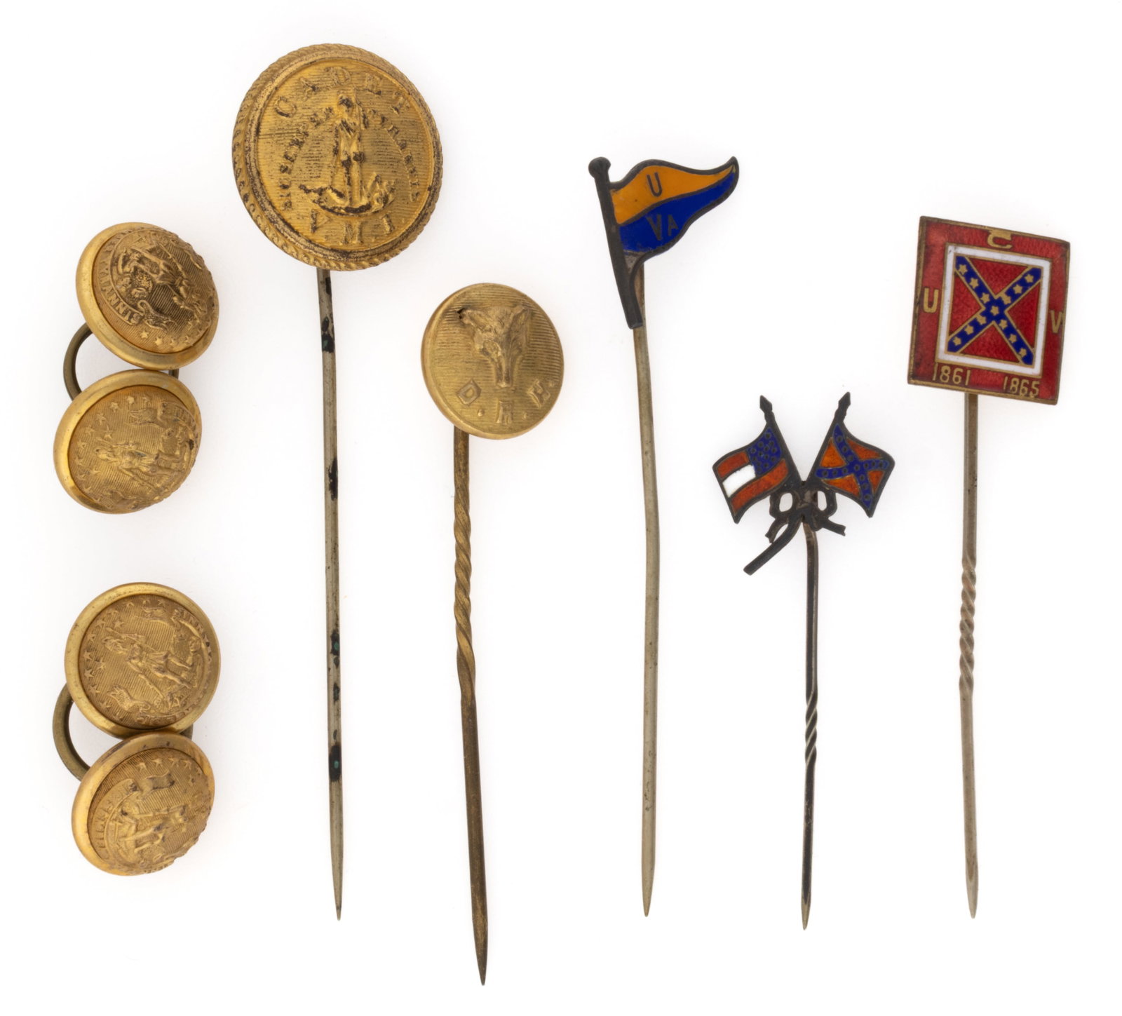 ANTIQUE / VINTAGE VIRGINIA AND CONFEDERATE VETERAN BUTTONS AND STICKPINS, LOT OF NINE: ANTIQUE / VINTAGE VIRGINIA AND CONFEDERATE VETERAN BUTTONS AND STICKPINS, LOT OF NINE, comprising a Virginia Military Institute (VMI) Cadet button by D. Evans & Co. of Attleboro, MA (active 1848-1